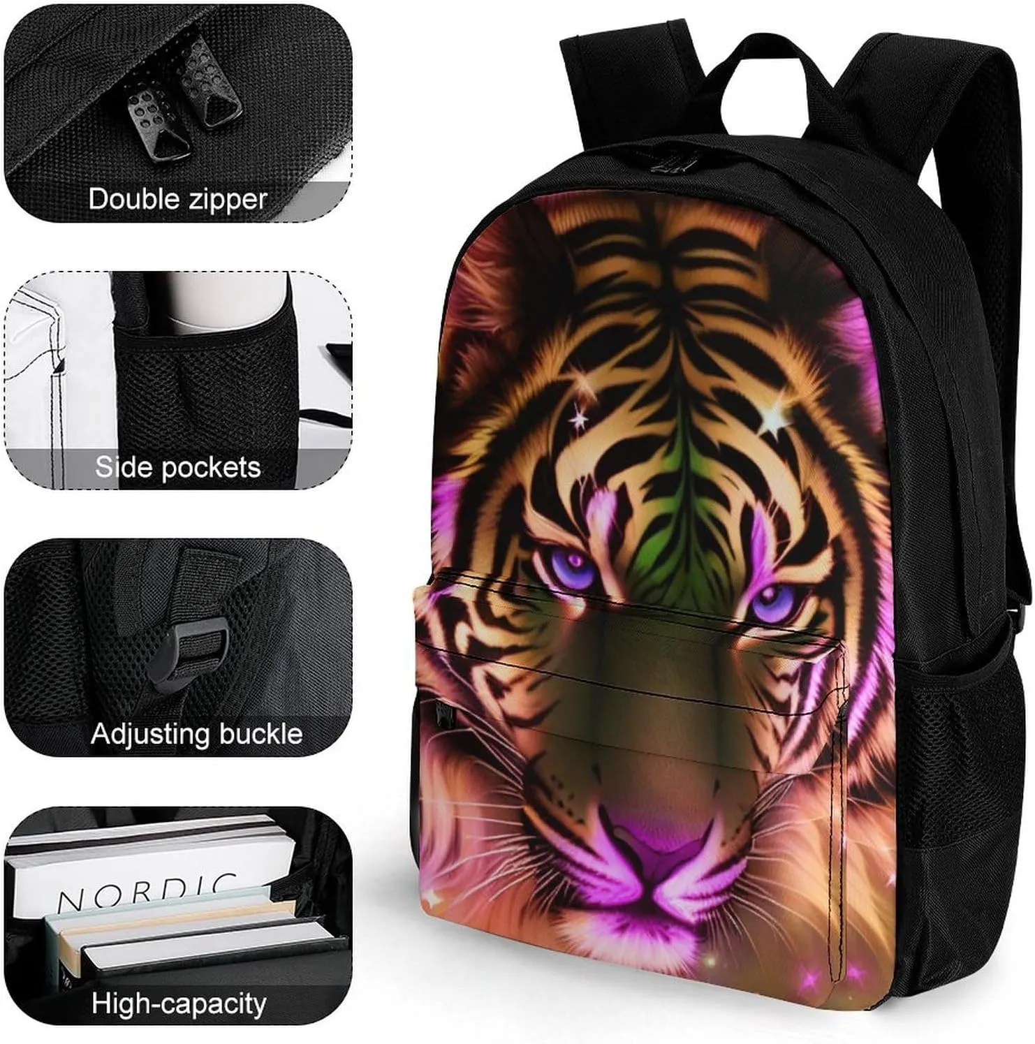 Mystic Fantasy Galaxy Sky Fantasy Tiger Wild Animals Boho Style Rucksacks Lightweight Multipurpose Anti-Theft Shoulder Bag Big Capacity Traveling & Camping Backpack With Side Pockets