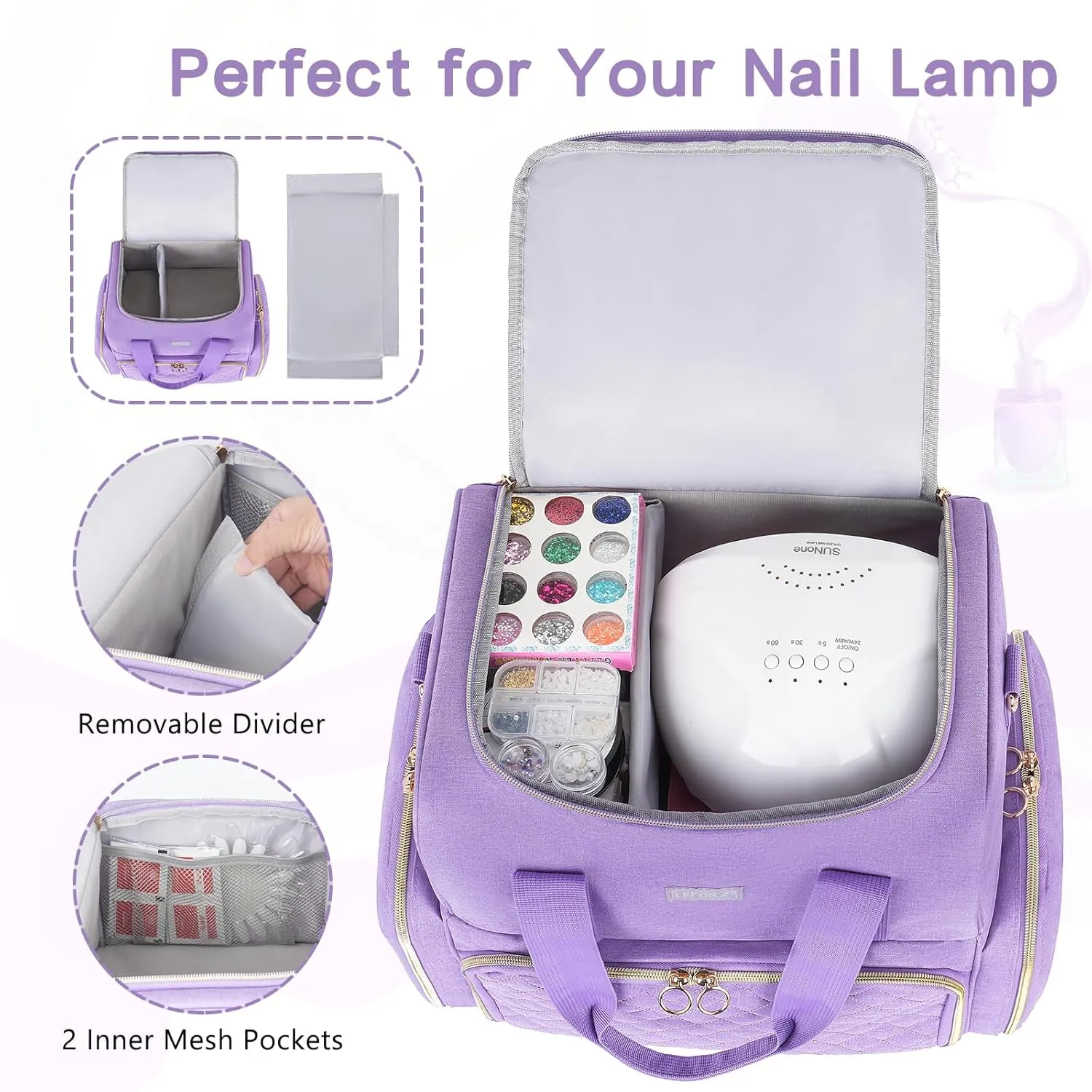 Nail Polish Organizer Holds 80 Bottles and a Nail Lamp,Nail Polish Carrying Case with 2 Removable Bags,Nail Organizers and Storage for Nail Tech,Portable Nail Polish Holder for Nail Supplies,Purple