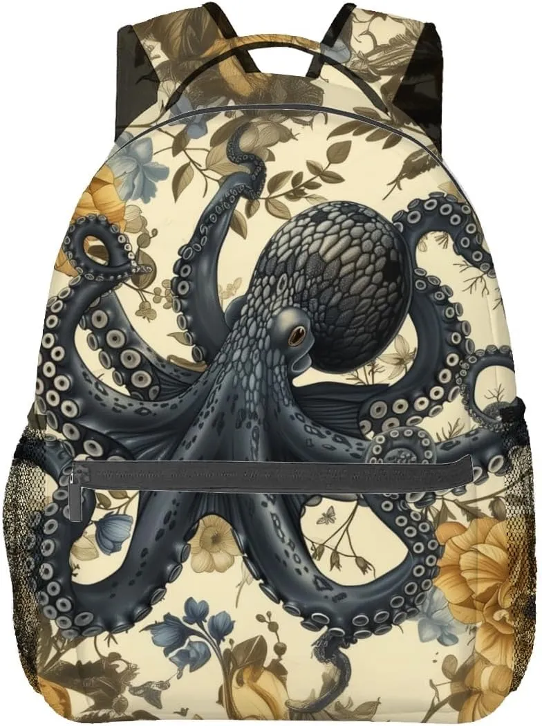 Nautical Octopus Backpack,Ocean Retro Polyester Backpacks,Lightweight Double Shoulder Back Pack for Wome,Vintage Floral Flower Beige Bookbag,School Bag Gifts,Casual Travel Daypack Book Packs
