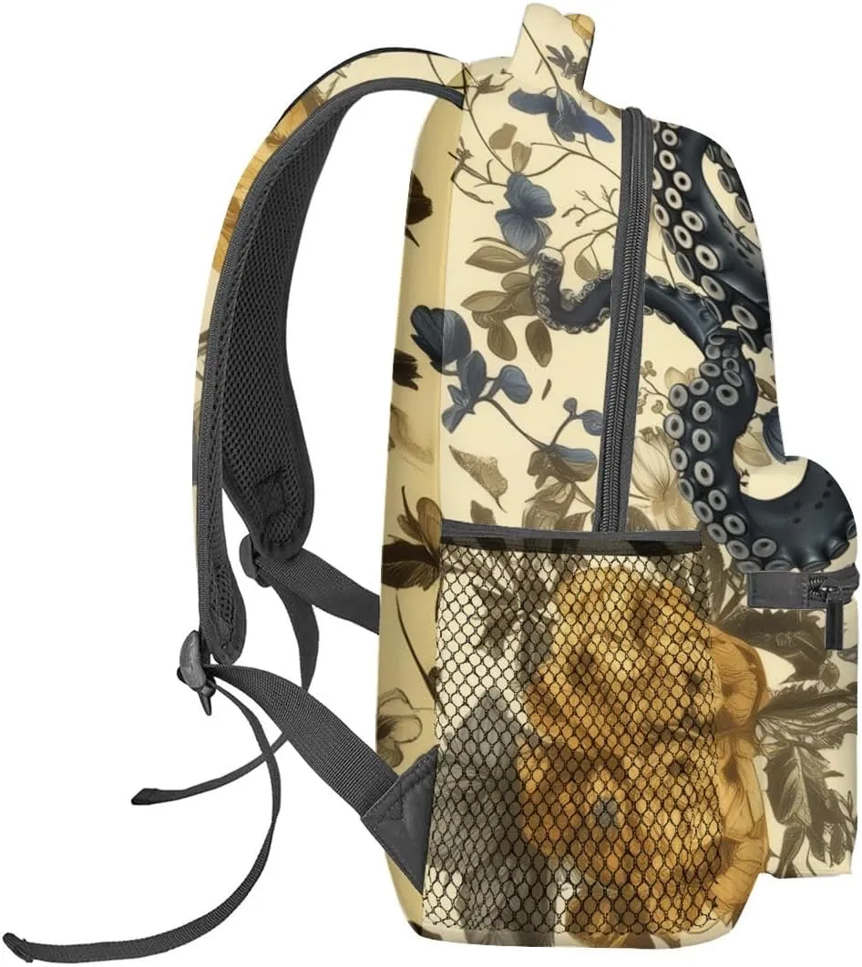 Nautical Octopus Backpack,Ocean Retro Polyester Backpacks,Lightweight Double Shoulder Back Pack for Wome,Vintage Floral Flower Beige Bookbag,School Bag Gifts,Casual Travel Daypack Book Packs