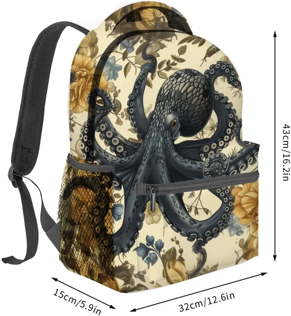 Nautical Octopus Backpack,Ocean Retro Polyester Backpacks,Lightweight Double Shoulder Back Pack for Wome,Vintage Floral Flower Beige Bookbag,School Bag Gifts,Casual Travel Daypack Book Packs