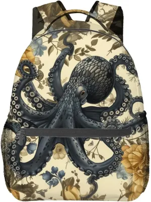 Nautical Octopus Backpack,Ocean Retro Polyester Backpacks,Lightweight Double Shoulder Back Pack for Wome,Vintage Floral Flower Beige Bookbag,School Bag Gifts,Casual Travel Daypack Book Packs