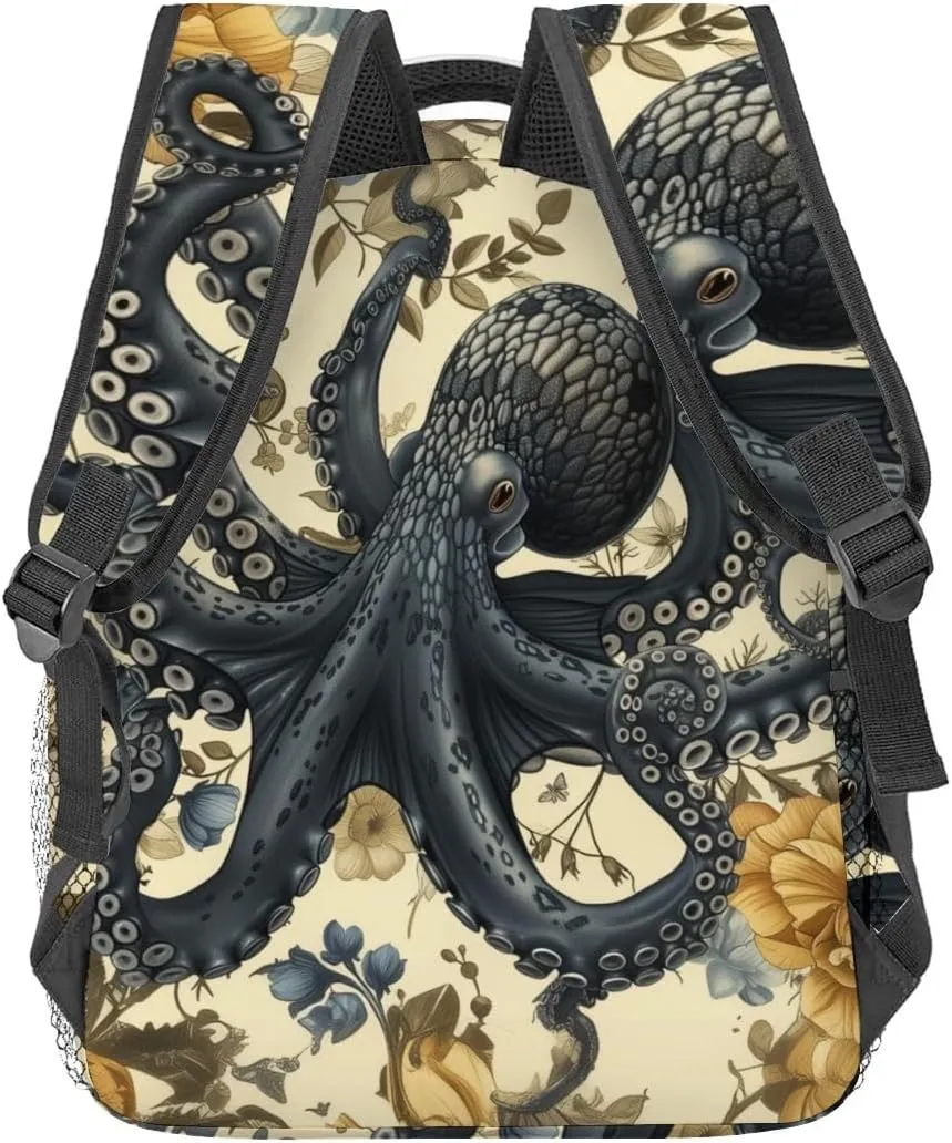 Nautical Octopus Backpack,Ocean Retro Polyester Backpacks,Lightweight Double Shoulder Back Pack for Wome,Vintage Floral Flower Beige Bookbag,School Bag Gifts,Casual Travel Daypack Book Packs