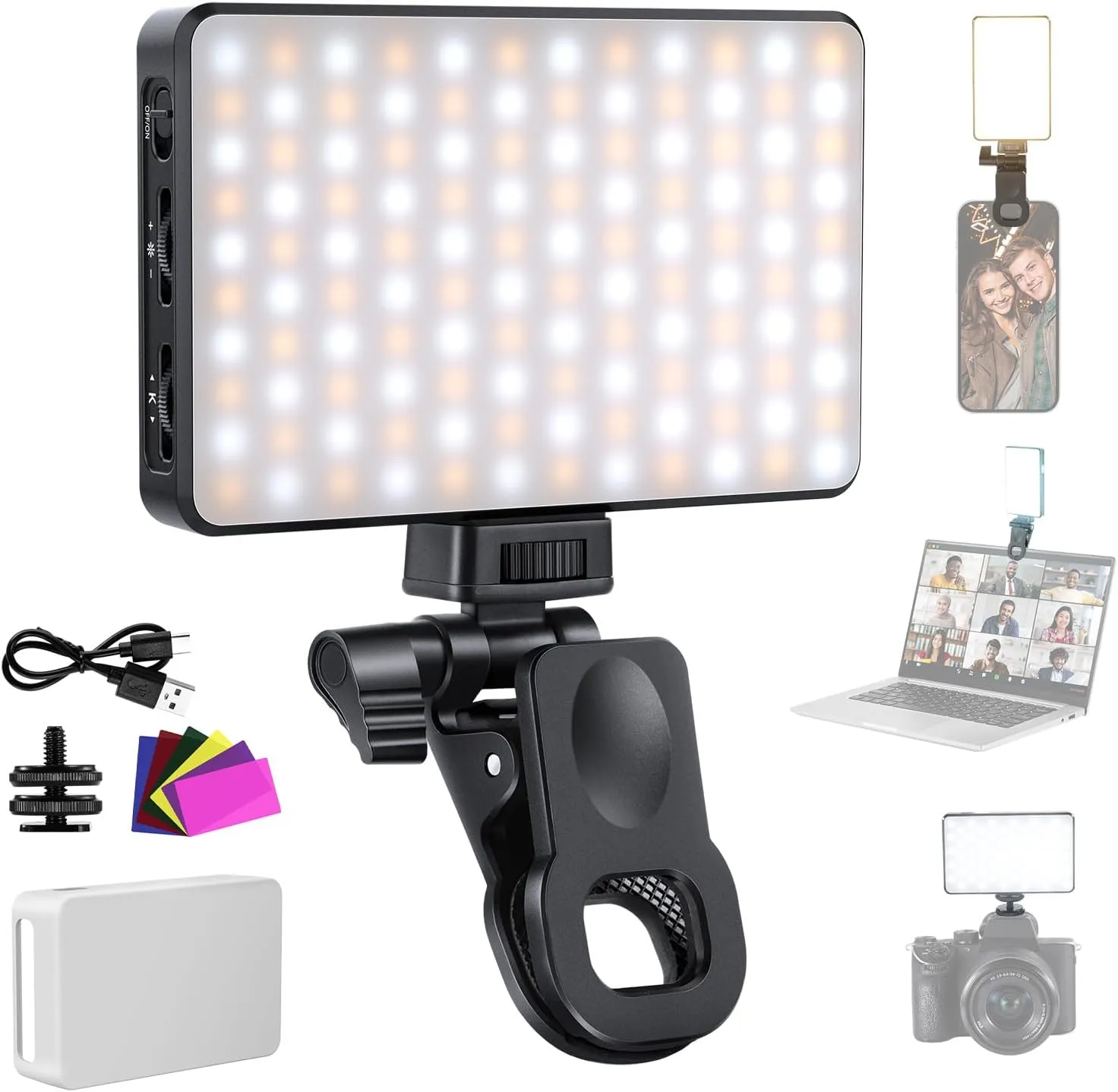 NEEWER Basics LED Selfie Phone Light, Rechargeable 2500-9000K Clip On Fill Light, Color Films/Diffuser/3000mAh, CRI95  Dimmable Video Conference Lighting for iPhone Camera Laptop Zoom Call, BL120B
