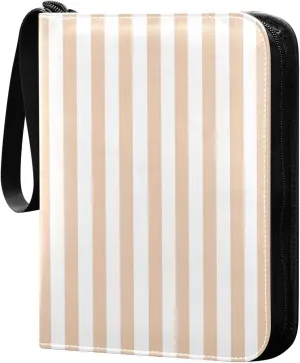 Netural Beige White Stripes Card Binder 4 Pocket Trading Card Album Fits 400 Sports/Game Cards, PU Cover 3 Ring Card Collection with 50 Removable Sleeves
