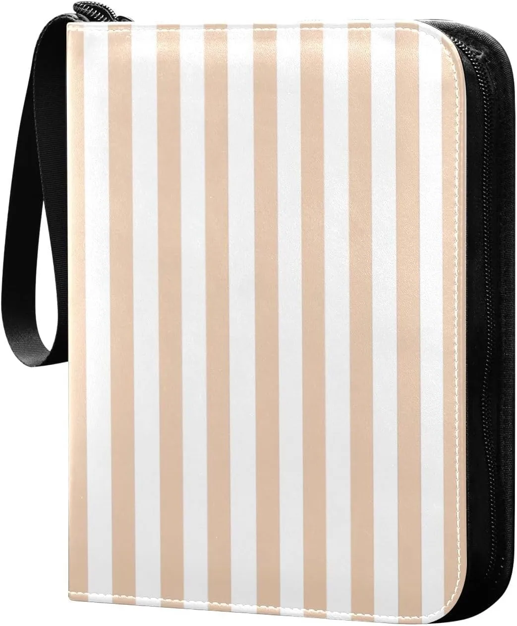 Netural Beige White Stripes Card Binder 4 Pocket Trading Card Album Fits 400 Sports/Game Cards, PU Cover 3 Ring Card Collection with 50 Removable Sleeves