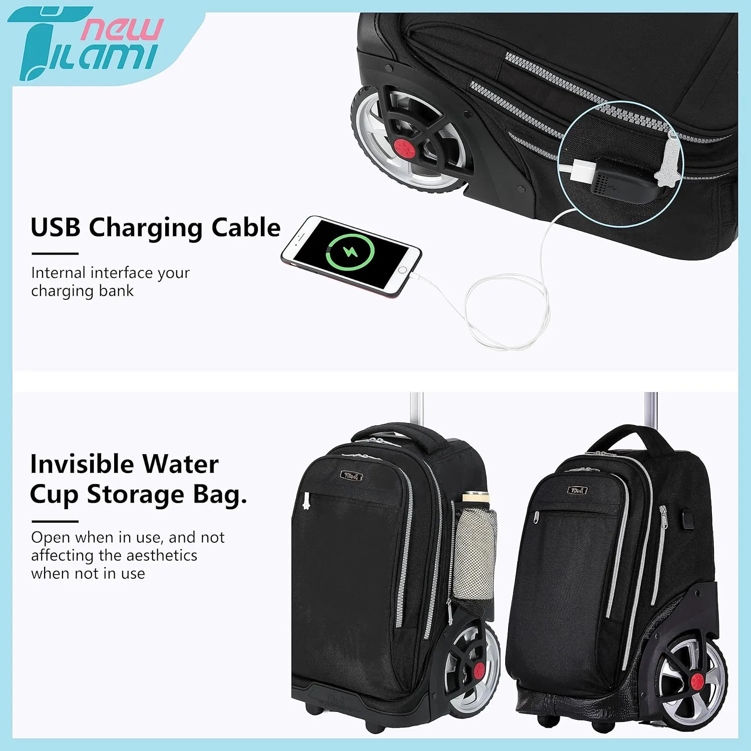 NEW TILAMI 19 Inch Rolling Backpack with Lunch Bags Wheeled Computer Laptop Backpack Bookbag Roller Travel Bag for Women Men, Black