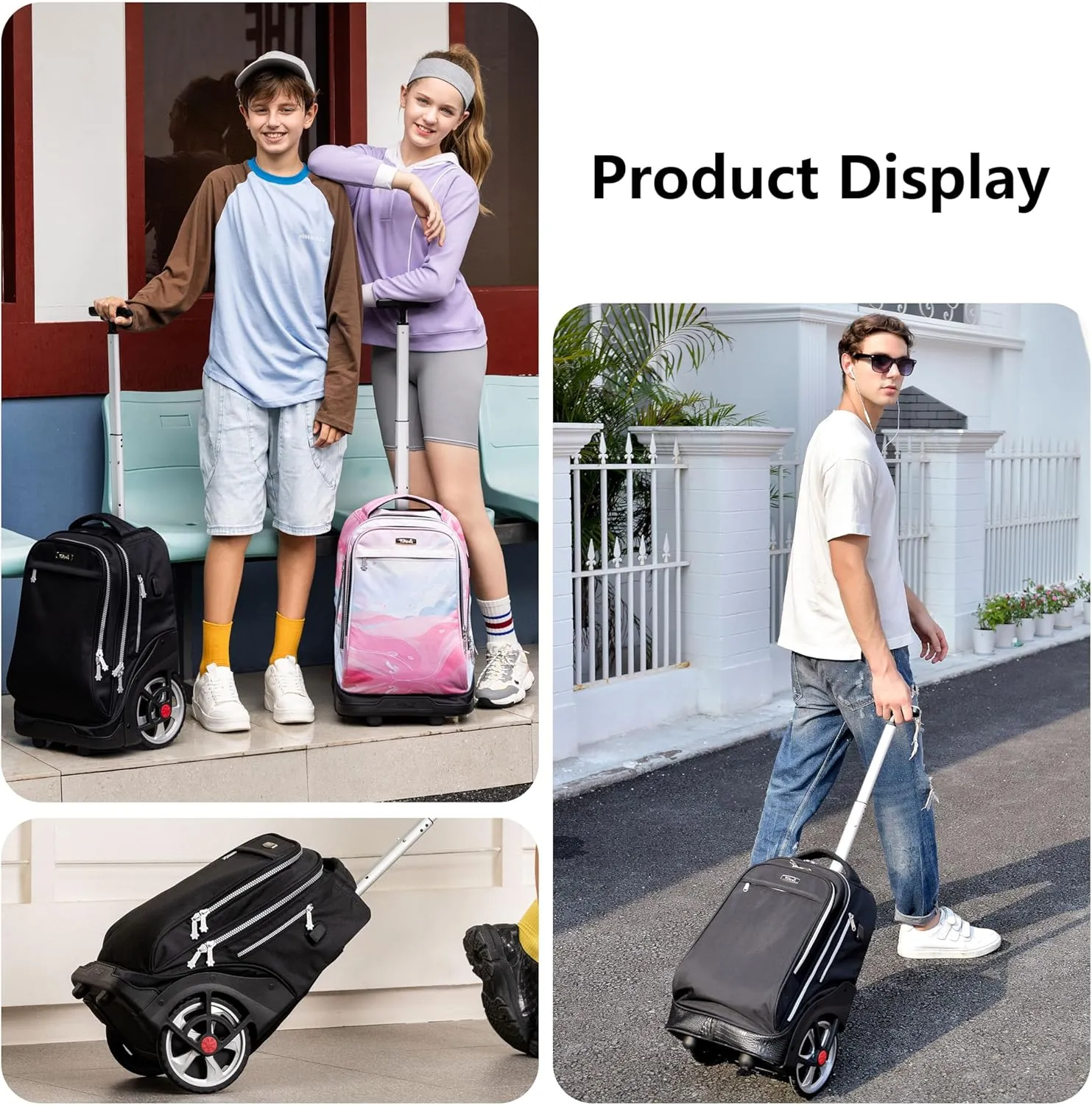 NEW TILAMI 19 Inch Rolling Backpack with Lunch Bags Wheeled Computer Laptop Backpack Bookbag Roller Travel Bag for Women Men, Black