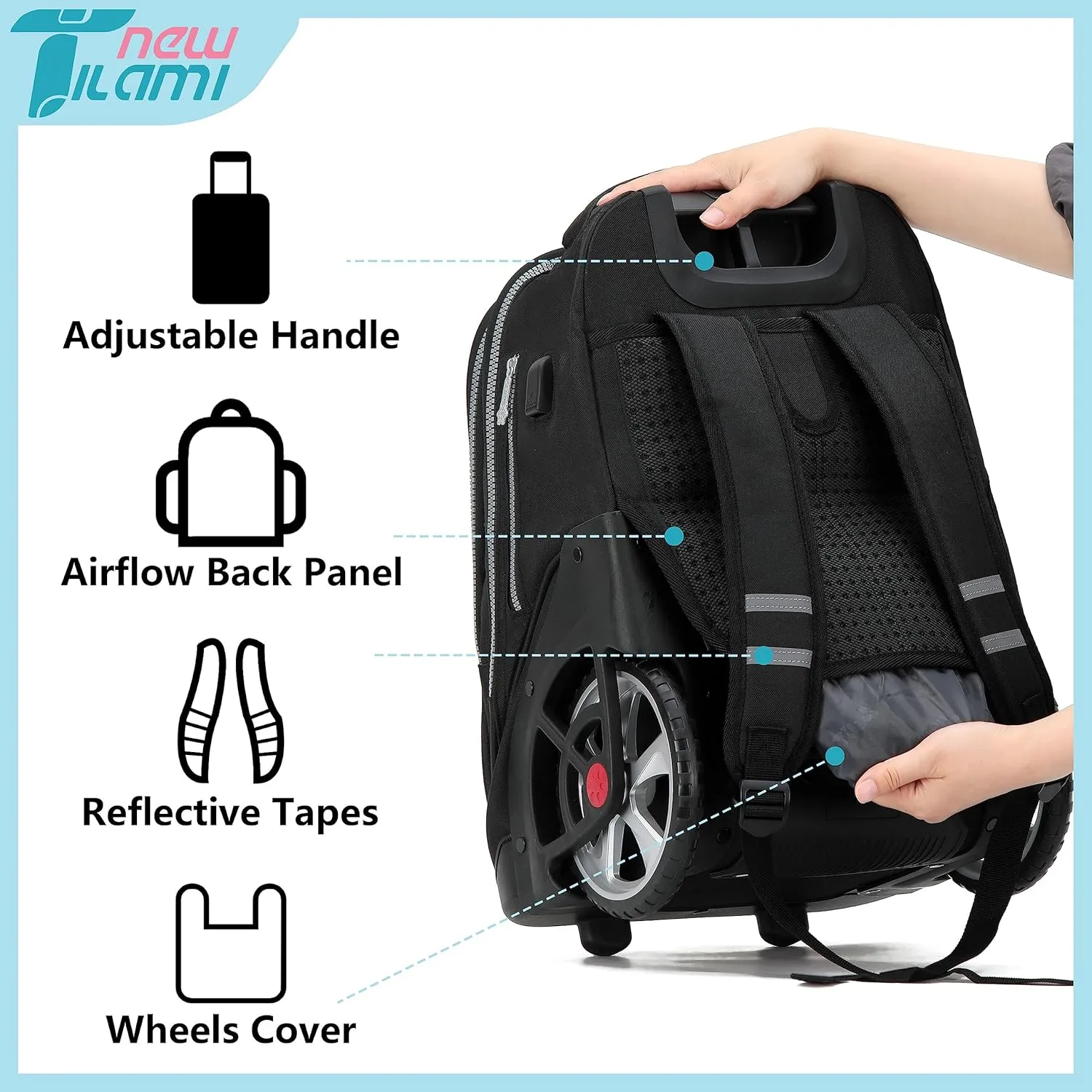 NEW TILAMI 19 Inch Rolling Backpack with Lunch Bags Wheeled Computer Laptop Backpack Bookbag Roller Travel Bag for Women Men, Black