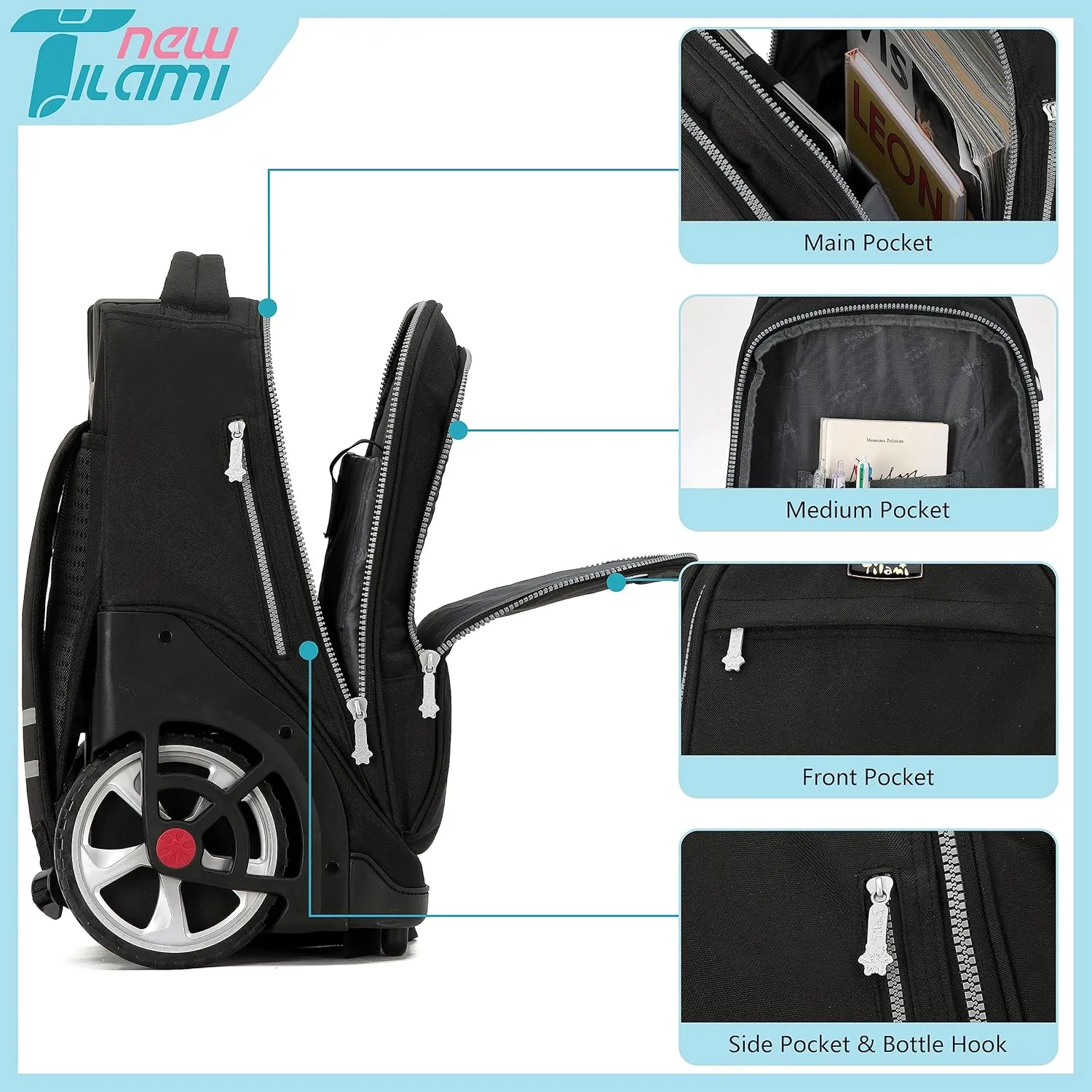 NEW TILAMI 19 Inch Rolling Backpack with Lunch Bags Wheeled Computer Laptop Backpack Bookbag Roller Travel Bag for Women Men, Black