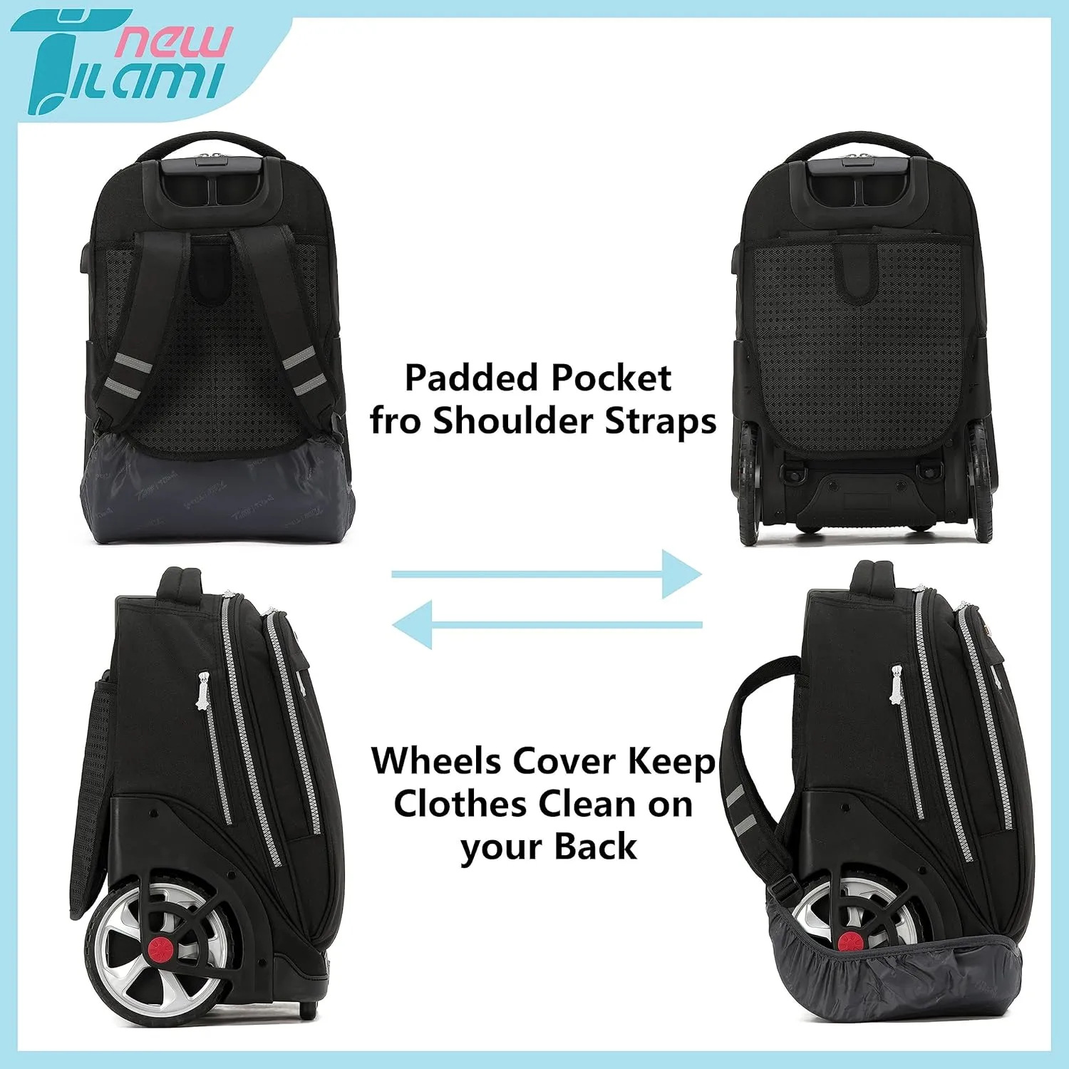 NEW TILAMI 19 Inch Rolling Backpack with Lunch Bags Wheeled Computer Laptop Backpack Bookbag Roller Travel Bag for Women Men, Black