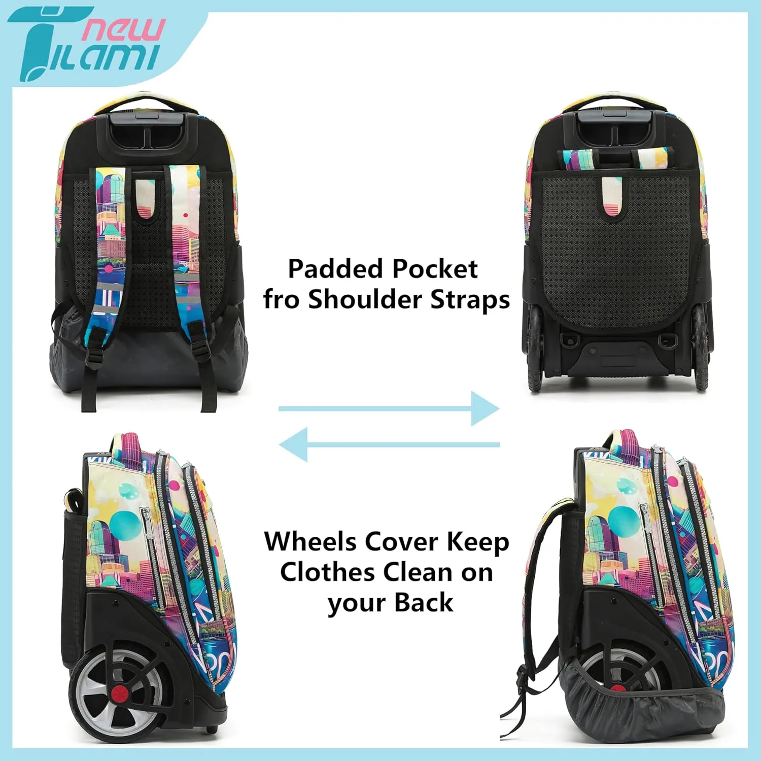 NEW TILAMI Rolling Backpack 19 inch Teens Rolling Backpack Cute Wheeled Computer Laptop Backpack Bookbag Roller Travel Bag College, City (No USB interface)
