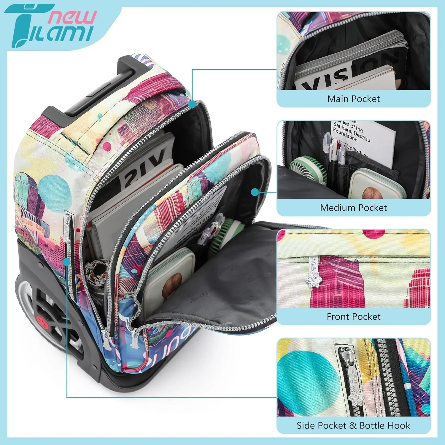 NEW TILAMI Rolling Backpack 19 inch Teens Rolling Backpack Cute Wheeled Computer Laptop Backpack Bookbag Roller Travel Bag College, City (No USB interface)