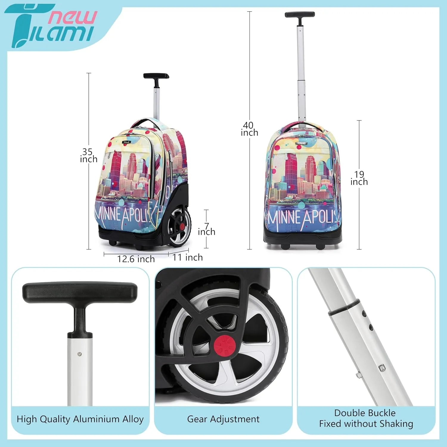 NEW TILAMI Rolling Backpack 19 inch Teens Rolling Backpack Cute Wheeled Computer Laptop Backpack Bookbag Roller Travel Bag College, City (No USB interface)