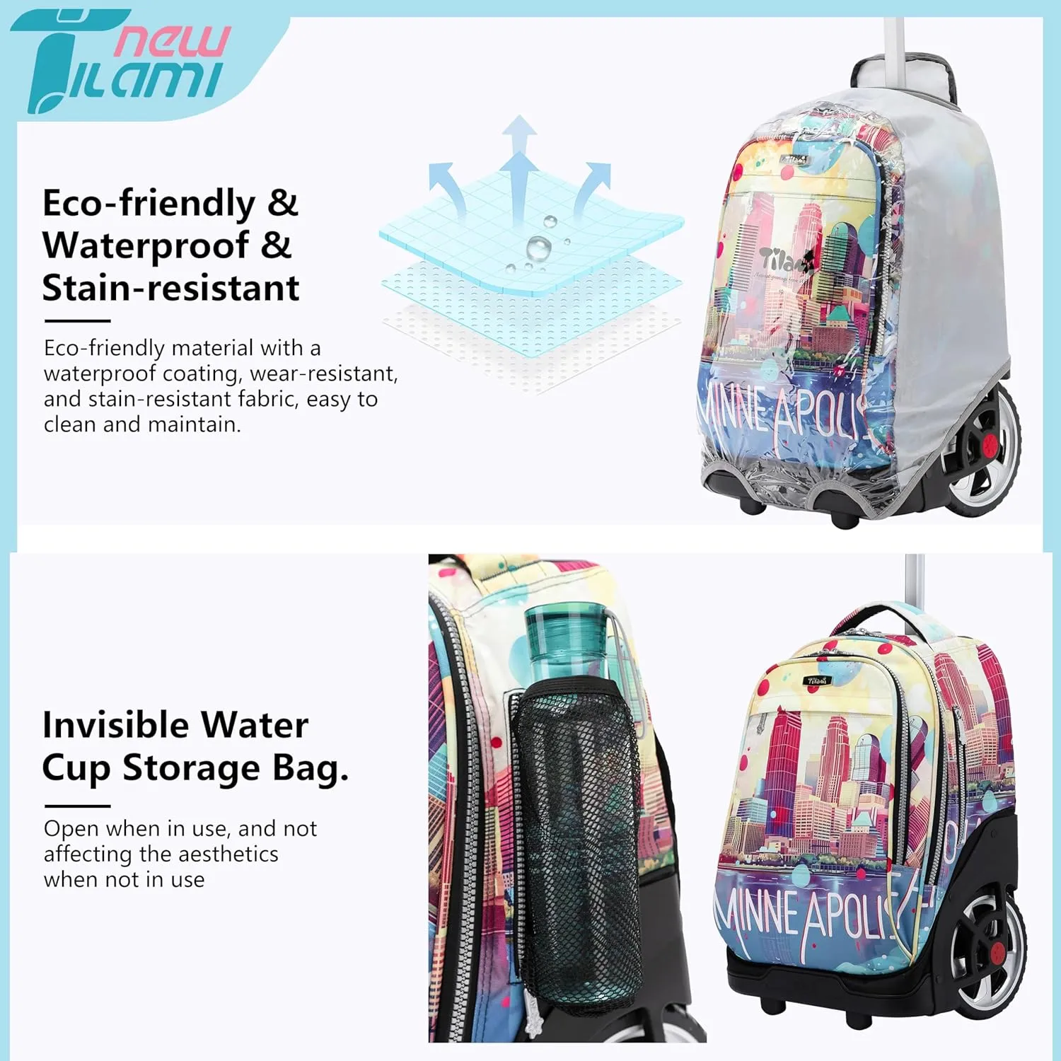 NEW TILAMI Rolling Backpack 19 inch Teens Rolling Backpack Cute Wheeled Computer Laptop Backpack Bookbag Roller Travel Bag College, City (No USB interface)
