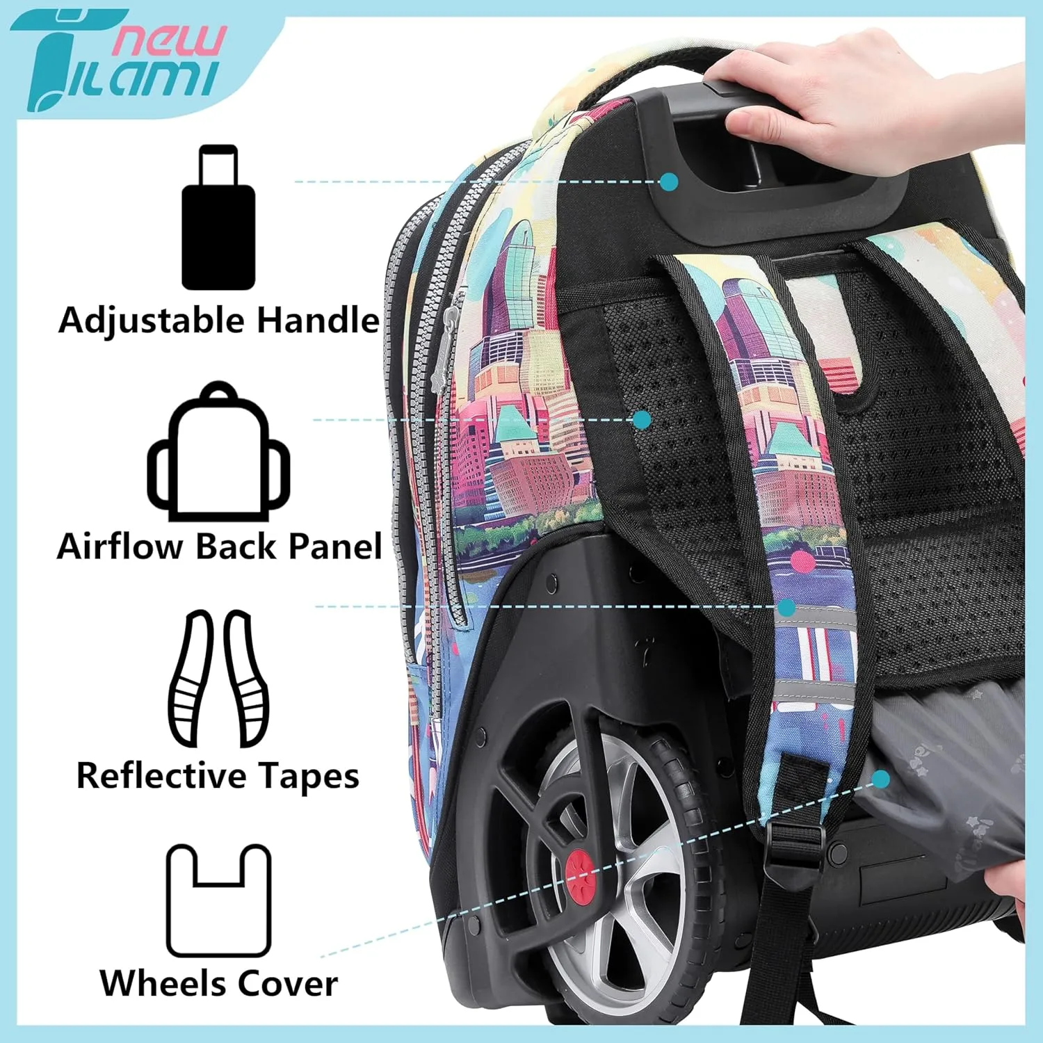 NEW TILAMI Rolling Backpack 19 inch Teens Rolling Backpack Cute Wheeled Computer Laptop Backpack Bookbag Roller Travel Bag College, City (No USB interface)