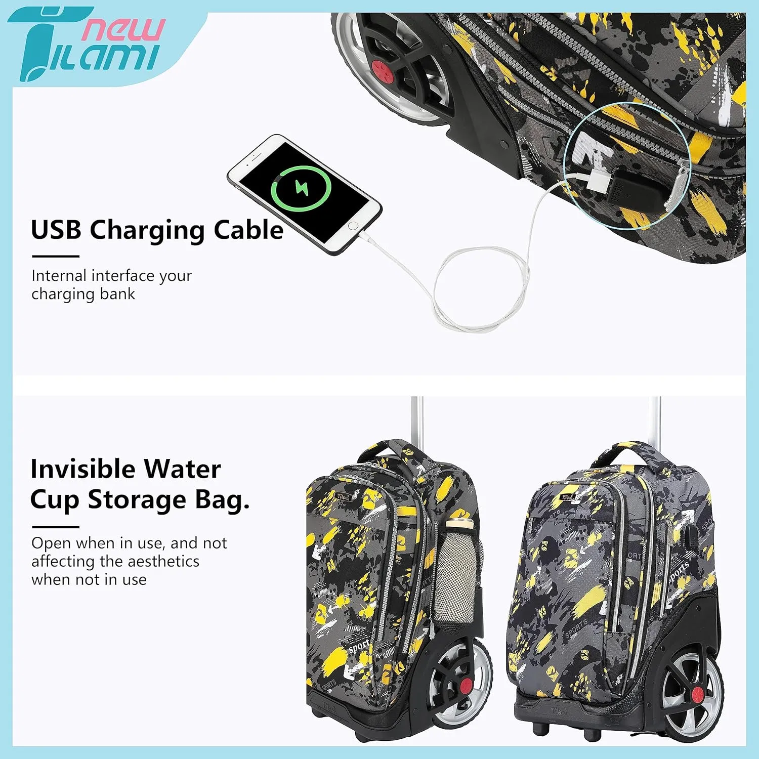 NEW TILAMI Rolling Backpack 19 inch Teens Rolling Backpack Cute Wheeled Computer Laptop Backpack Bookbag Roller Travel Bag College, Doodle Yellow