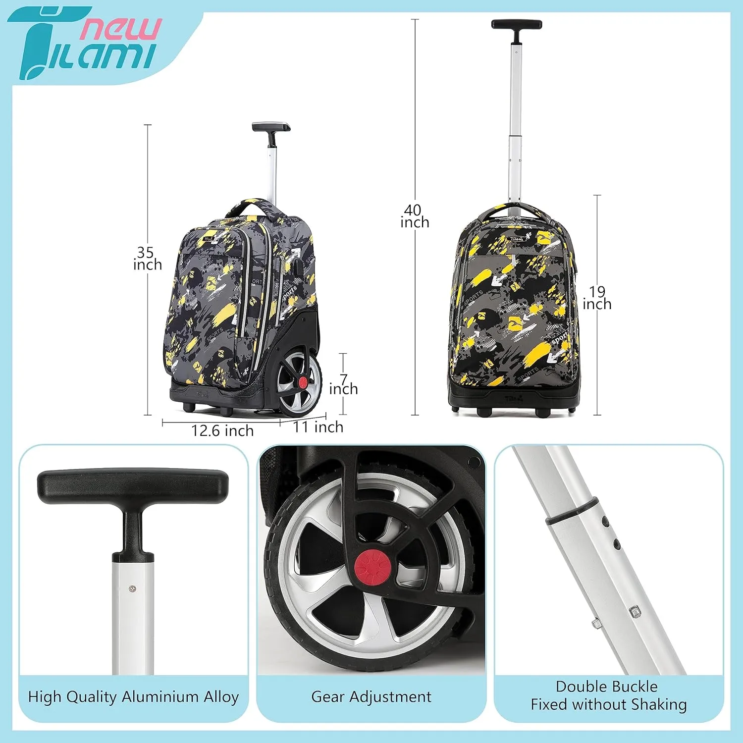 NEW TILAMI Rolling Backpack 19 inch Teens Rolling Backpack Cute Wheeled Computer Laptop Backpack Bookbag Roller Travel Bag College, Doodle Yellow