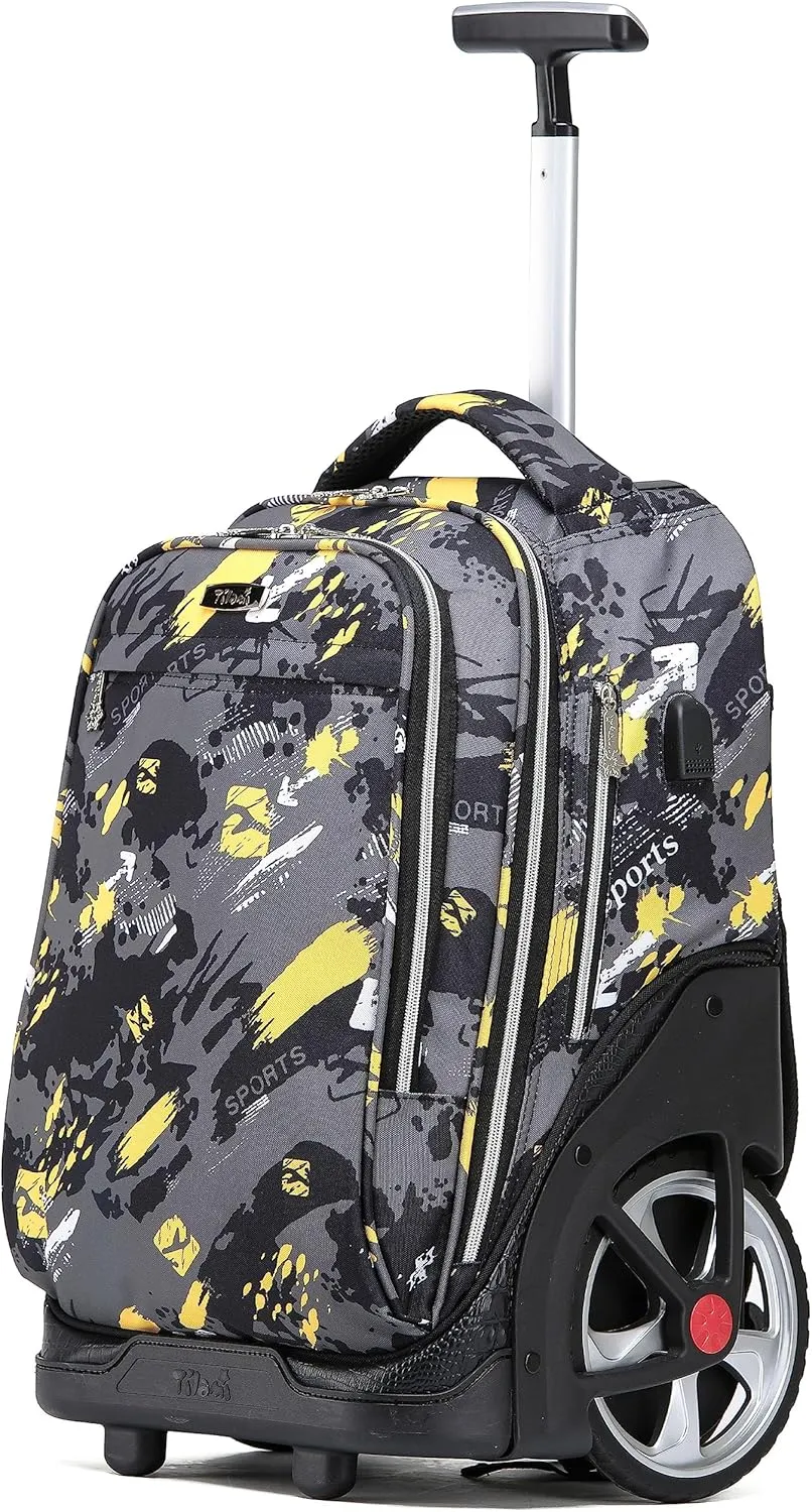 NEW TILAMI Rolling Backpack 19 inch Teens Rolling Backpack Cute Wheeled Computer Laptop Backpack Bookbag Roller Travel Bag College, Doodle Yellow