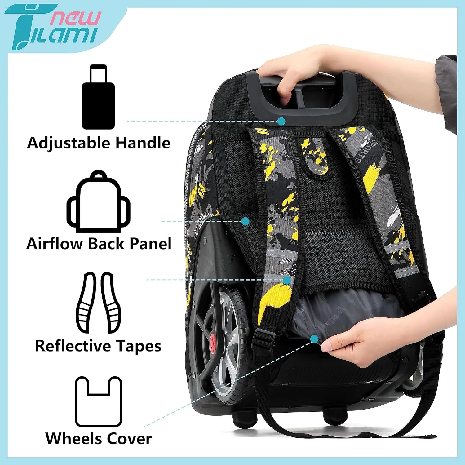 NEW TILAMI Rolling Backpack 19 inch Teens Rolling Backpack Cute Wheeled Computer Laptop Backpack Bookbag Roller Travel Bag College, Doodle Yellow