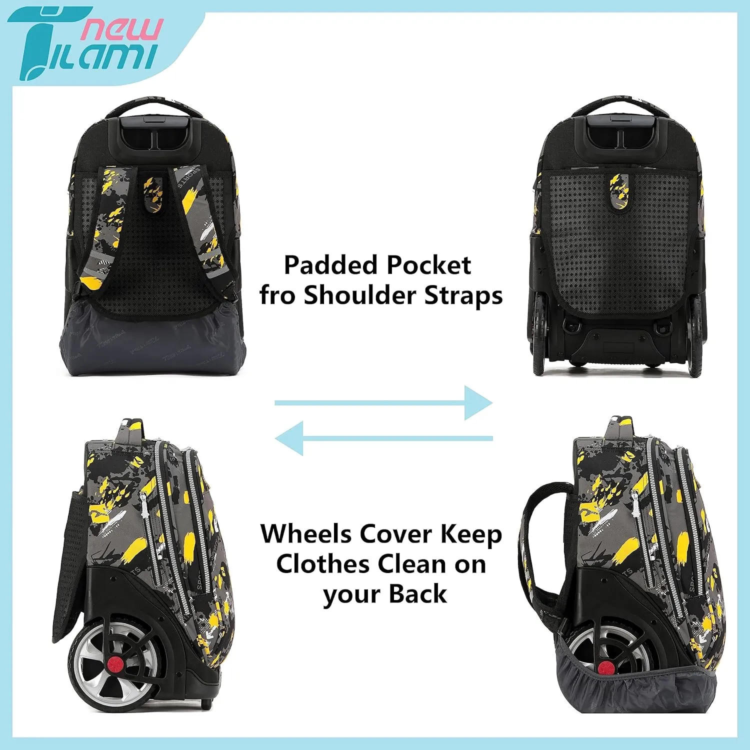 NEW TILAMI Rolling Backpack 19 inch Teens Rolling Backpack Cute Wheeled Computer Laptop Backpack Bookbag Roller Travel Bag College, Doodle Yellow