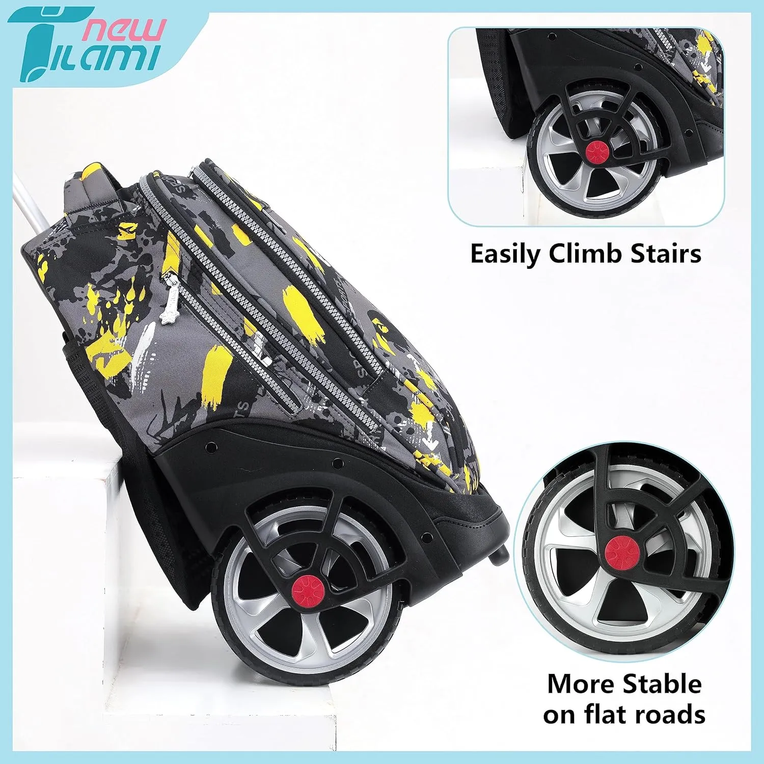 NEW TILAMI Rolling Backpack 19 inch Teens Rolling Backpack Cute Wheeled Computer Laptop Backpack Bookbag Roller Travel Bag College, Doodle Yellow