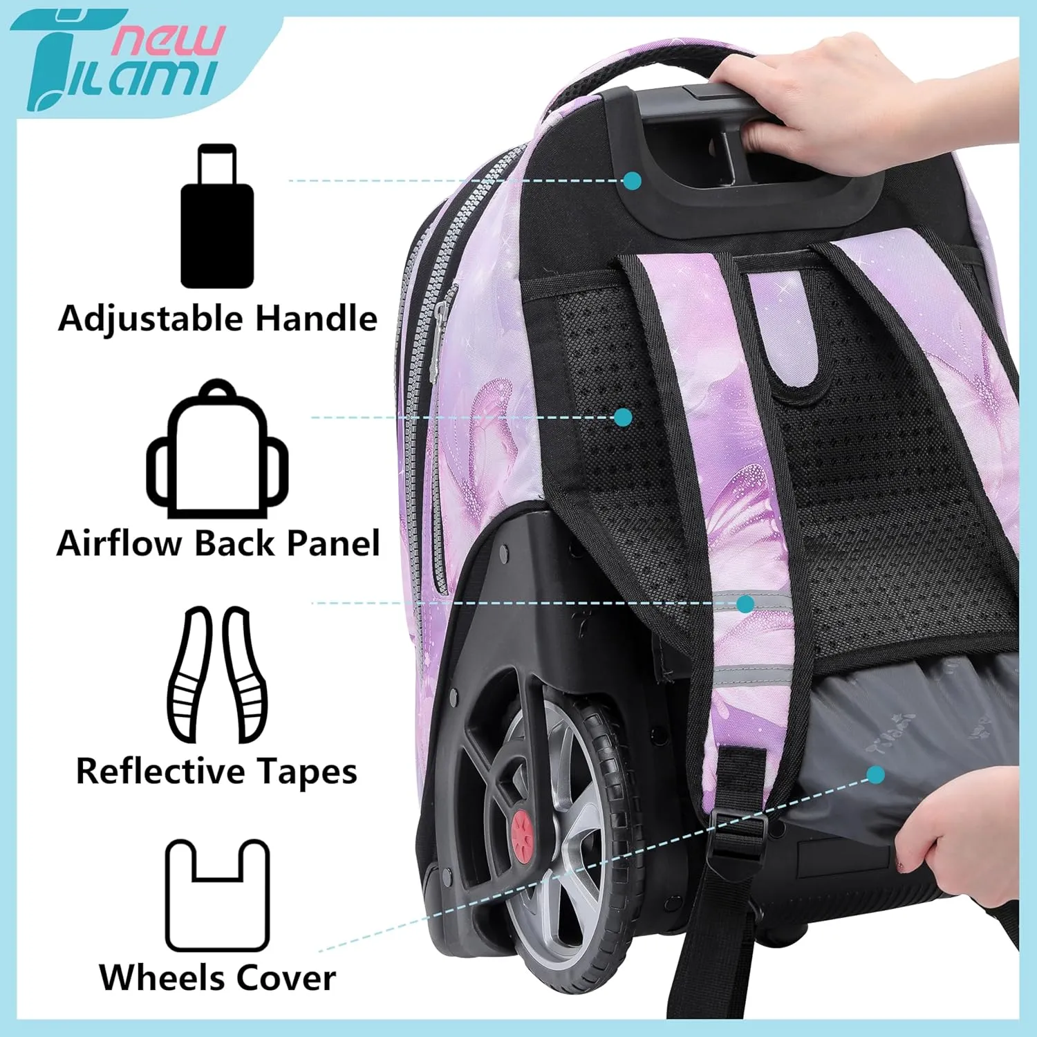 NEW TILAMI Rolling Backpack 19 inch Teens Rolling Backpack Cute Wheeled Computer Laptop Backpack Bookbag Roller Travel Bag College, Evening Butterfly (No USB interface)