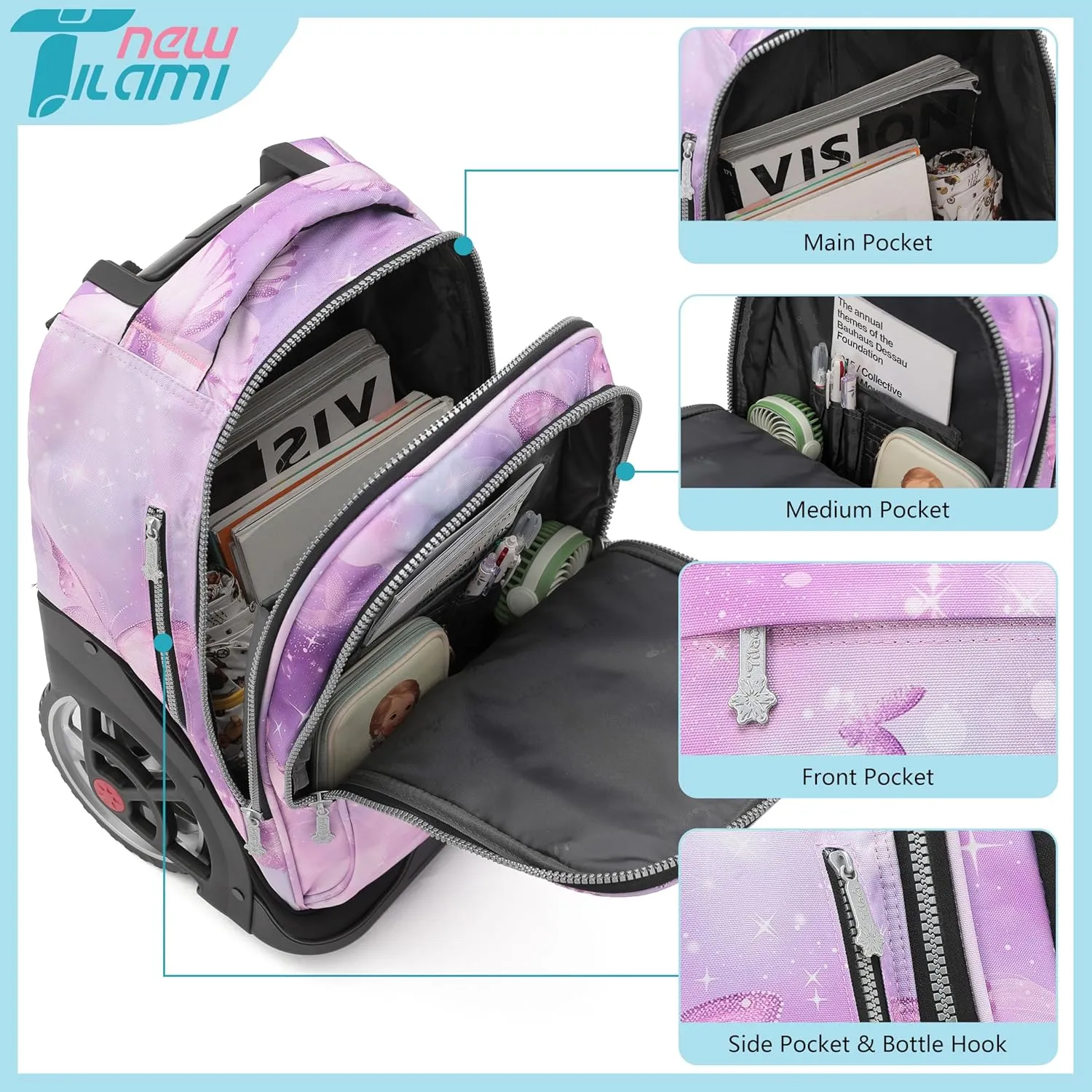 NEW TILAMI Rolling Backpack 19 inch Teens Rolling Backpack Cute Wheeled Computer Laptop Backpack Bookbag Roller Travel Bag College, Evening Butterfly (No USB interface)