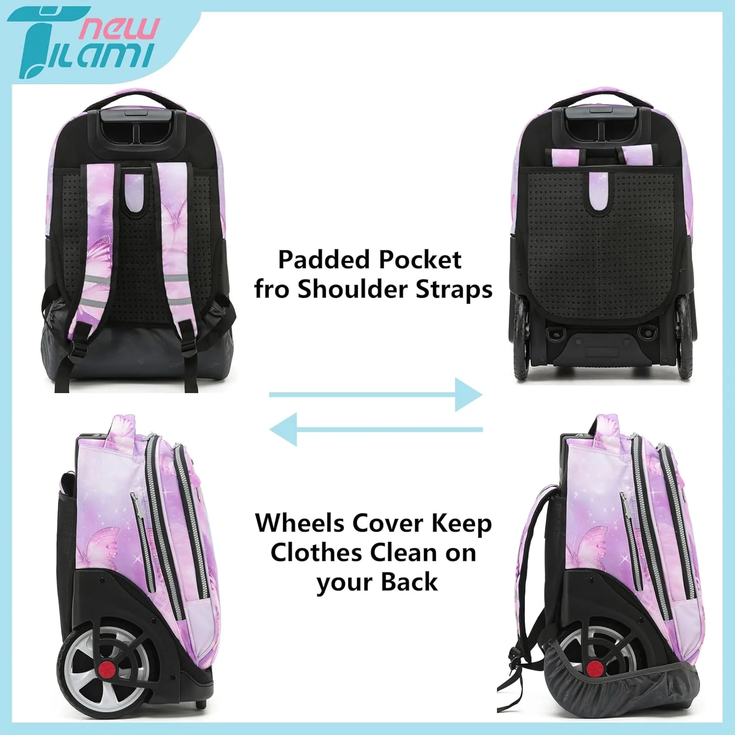 NEW TILAMI Rolling Backpack 19 inch Teens Rolling Backpack Cute Wheeled Computer Laptop Backpack Bookbag Roller Travel Bag College, Evening Butterfly (No USB interface)