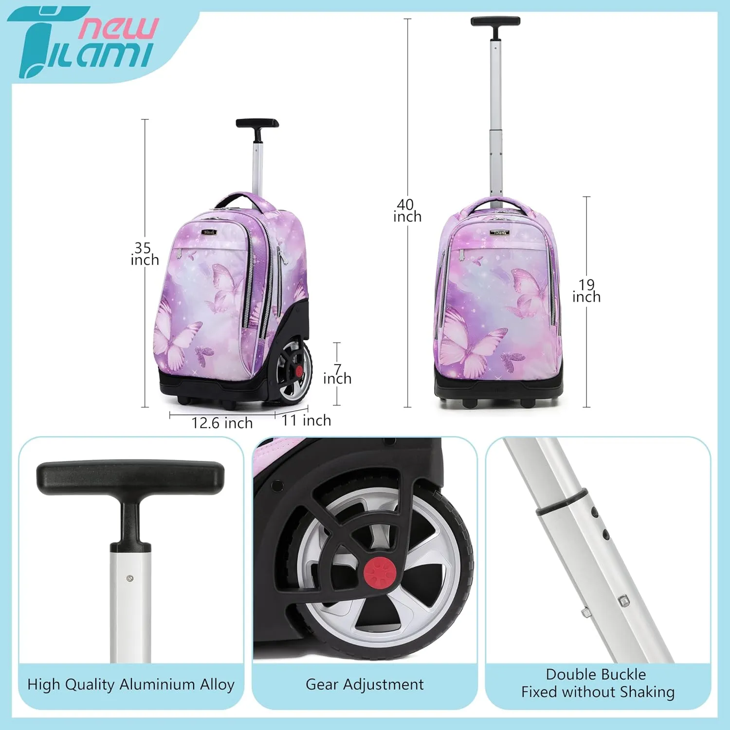 NEW TILAMI Rolling Backpack 19 inch Teens Rolling Backpack Cute Wheeled Computer Laptop Backpack Bookbag Roller Travel Bag College, Evening Butterfly (No USB interface)