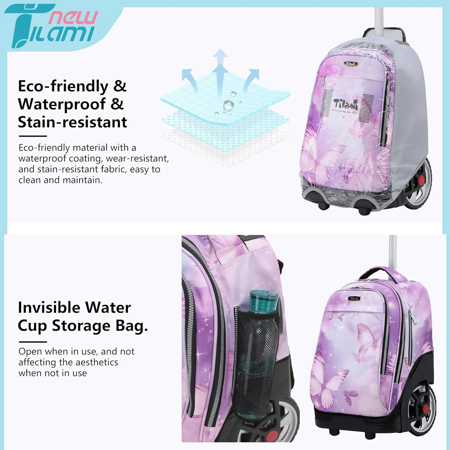 NEW TILAMI Rolling Backpack 19 inch Teens Rolling Backpack Cute Wheeled Computer Laptop Backpack Bookbag Roller Travel Bag College, Evening Butterfly (No USB interface)