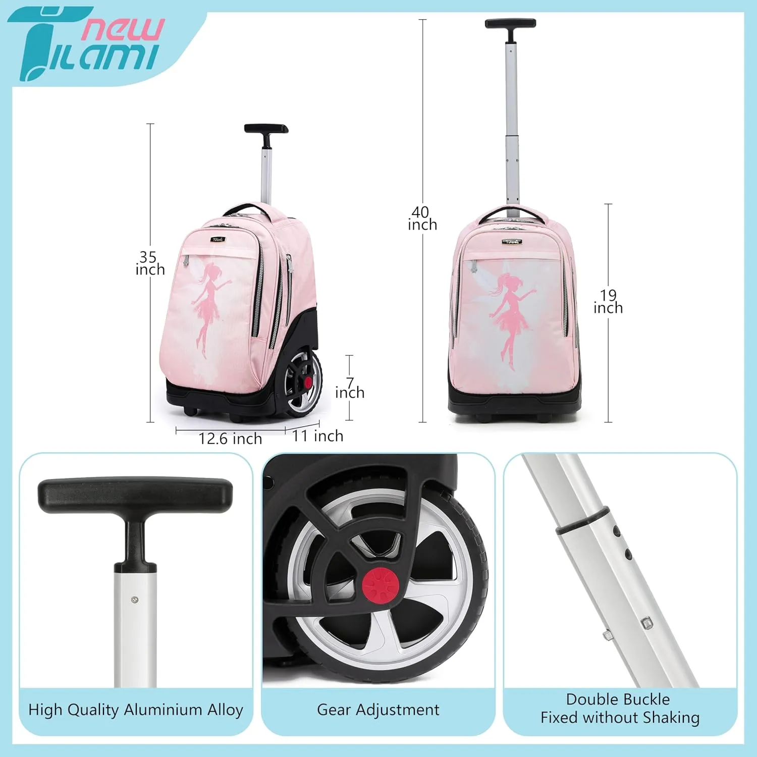 NEW TILAMI Rolling Backpack 19 inch Teens Rolling Backpack Cute Wheeled Computer Laptop Backpack Bookbag Roller Travel Bag College, Flower Fairy (No USB interface)