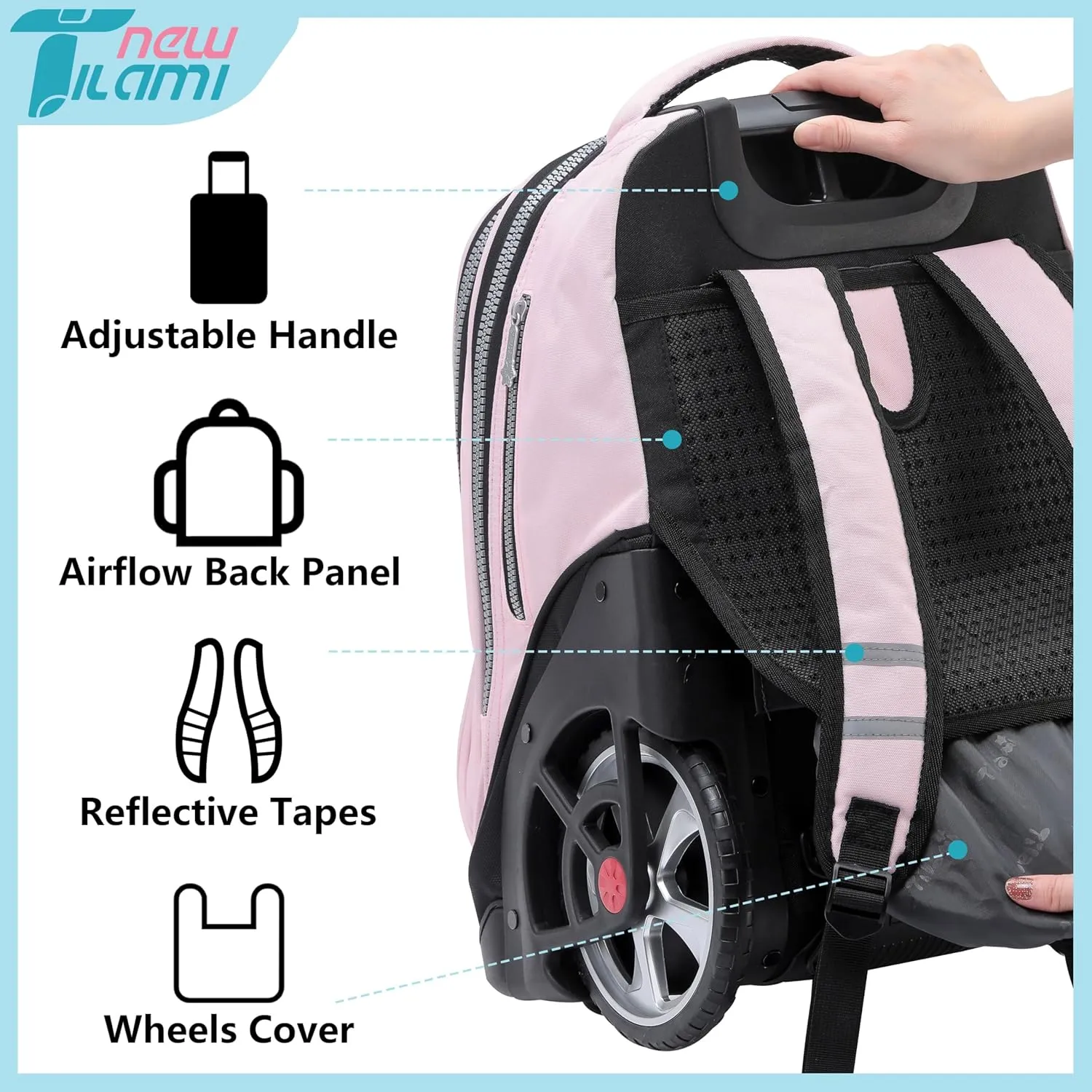 NEW TILAMI Rolling Backpack 19 inch Teens Rolling Backpack Cute Wheeled Computer Laptop Backpack Bookbag Roller Travel Bag College, Flower Fairy (No USB interface)