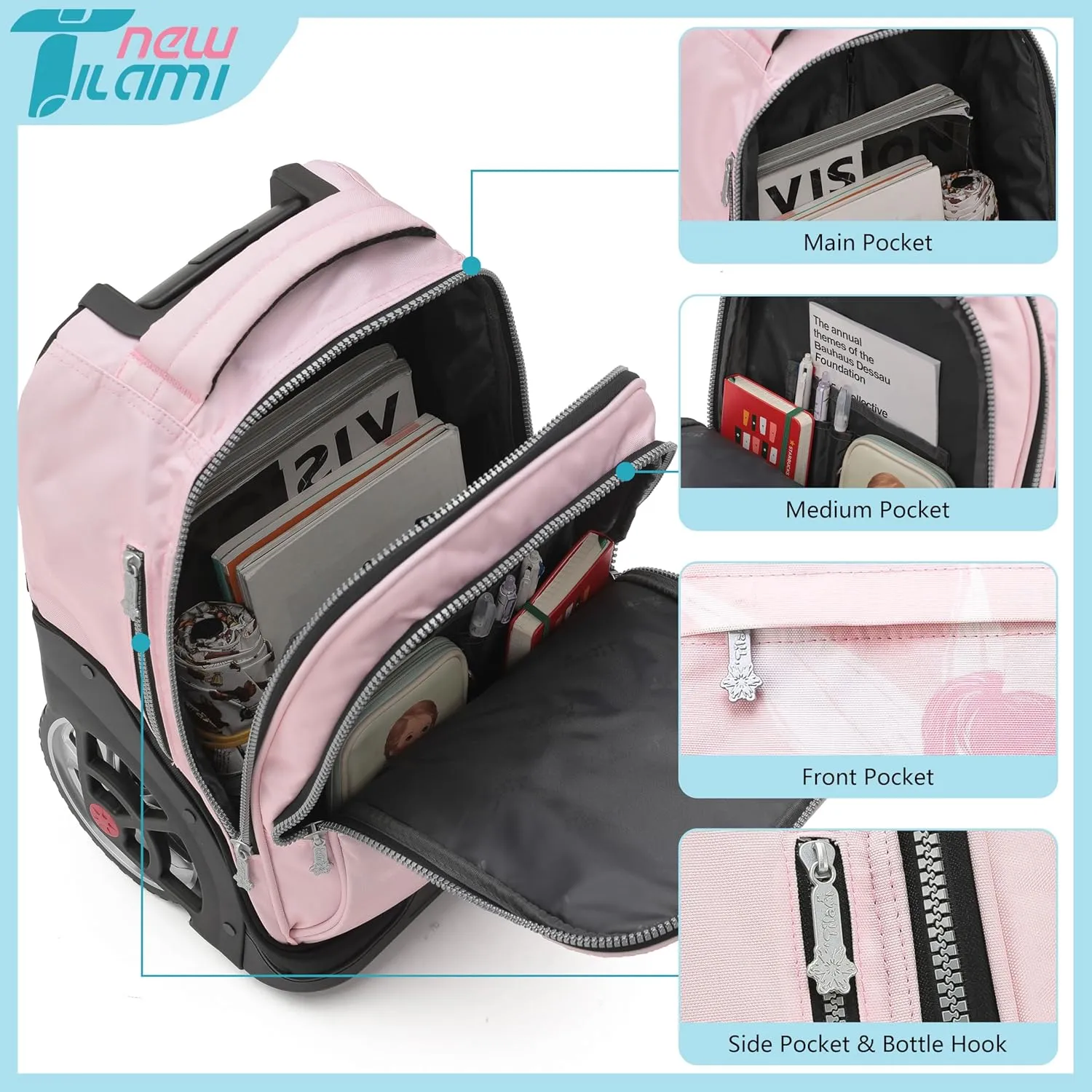 NEW TILAMI Rolling Backpack 19 inch Teens Rolling Backpack Cute Wheeled Computer Laptop Backpack Bookbag Roller Travel Bag College, Flower Fairy (No USB interface)