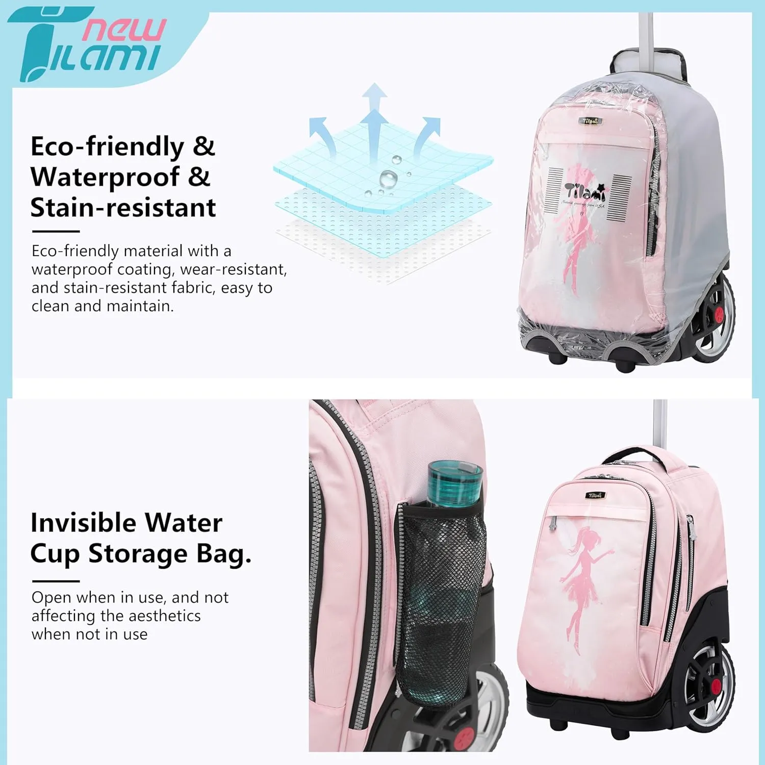 NEW TILAMI Rolling Backpack 19 inch Teens Rolling Backpack Cute Wheeled Computer Laptop Backpack Bookbag Roller Travel Bag College, Flower Fairy (No USB interface)