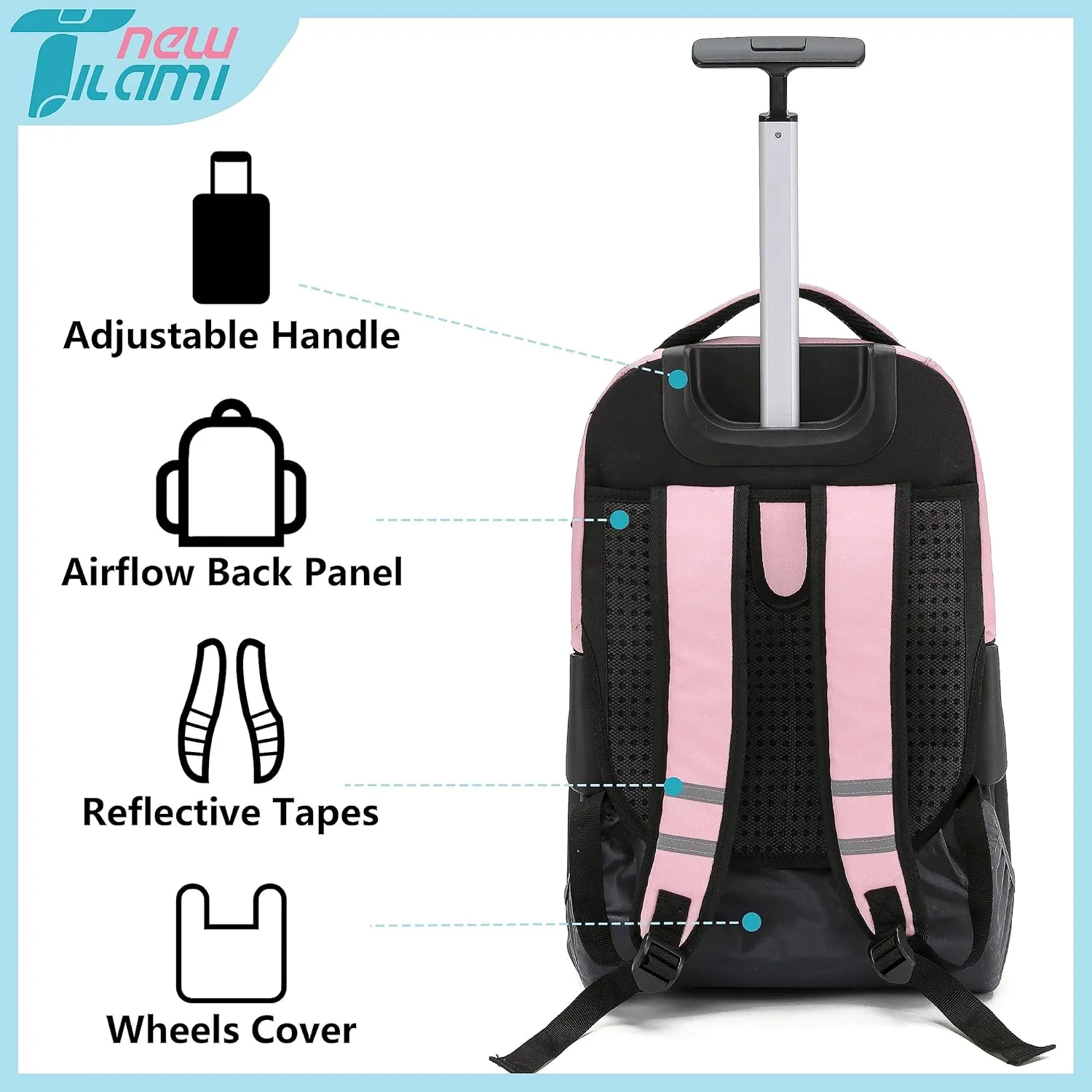 NEW TILAMI Rolling Backpack 19 inch Teens Rolling Backpack Cute Wheeled Computer Laptop Backpack Bookbag Roller Travel Bag College, Flower Pink