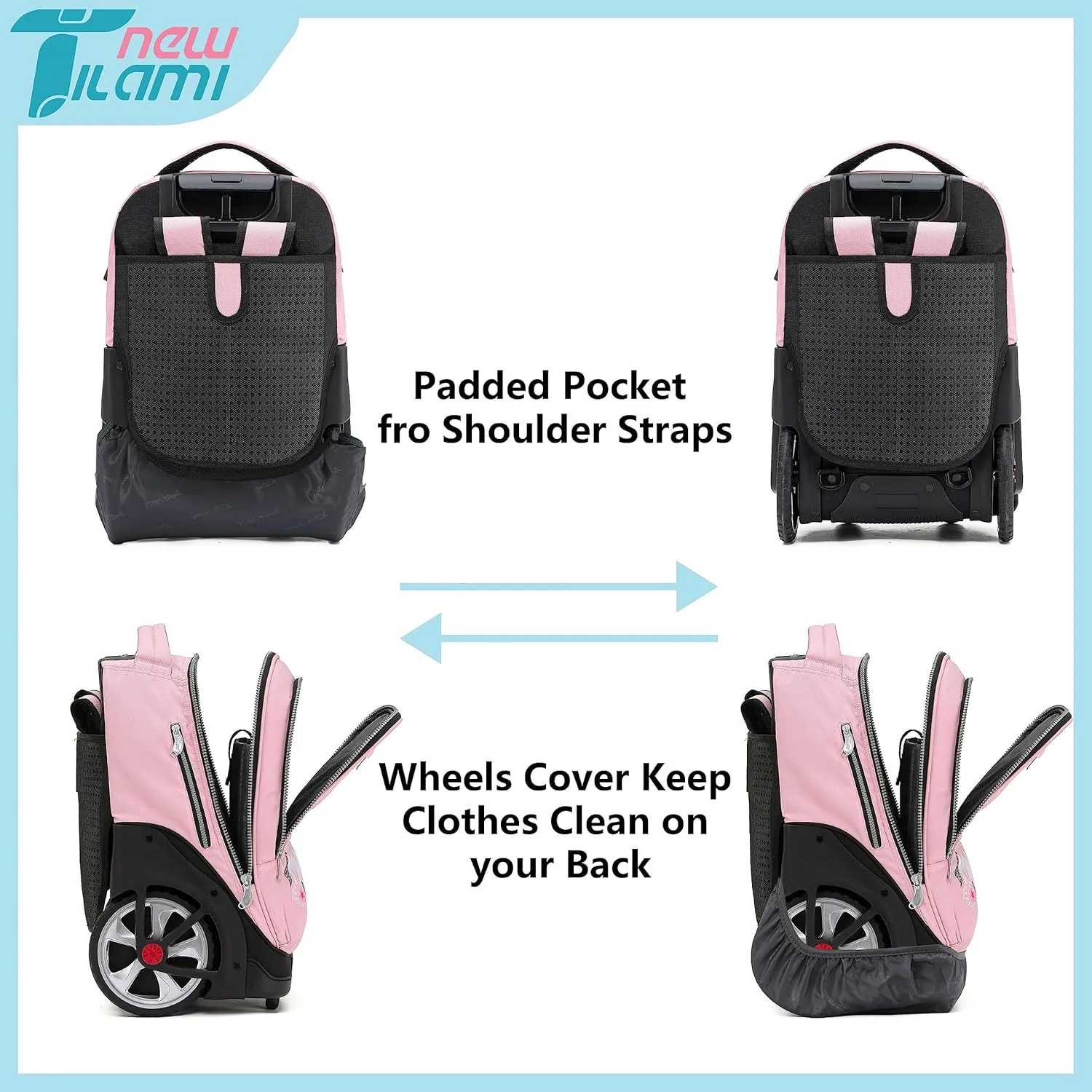 NEW TILAMI Rolling Backpack 19 inch Teens Rolling Backpack Cute Wheeled Computer Laptop Backpack Bookbag Roller Travel Bag College, Flower Pink