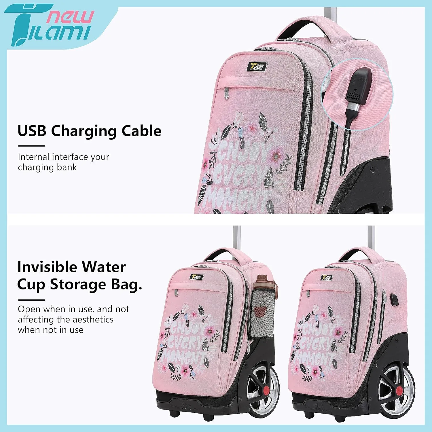 NEW TILAMI Rolling Backpack 19 inch Teens Rolling Backpack Cute Wheeled Computer Laptop Backpack Bookbag Roller Travel Bag College, Flower Pink