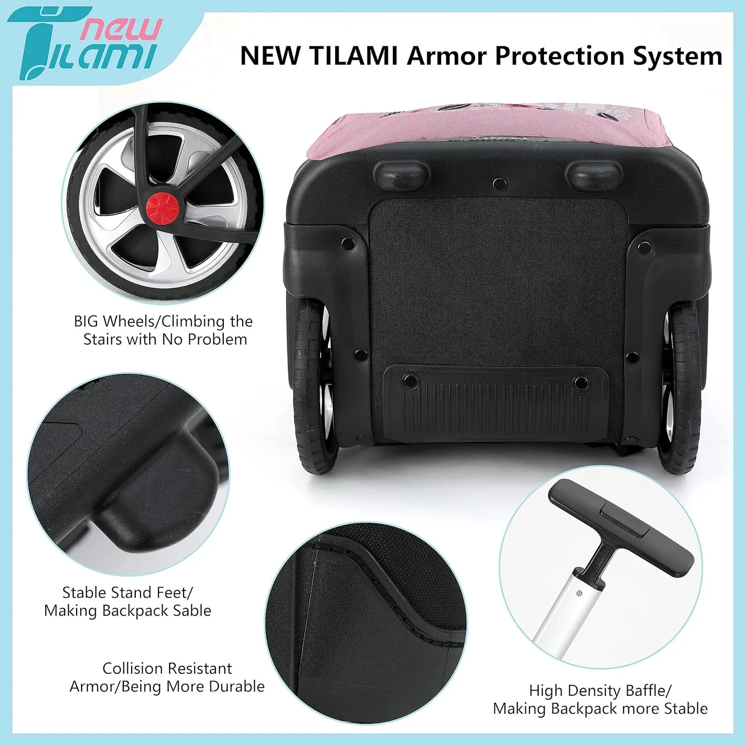 NEW TILAMI Rolling Backpack 19 inch Teens Rolling Backpack Cute Wheeled Computer Laptop Backpack Bookbag Roller Travel Bag College, Flower Pink