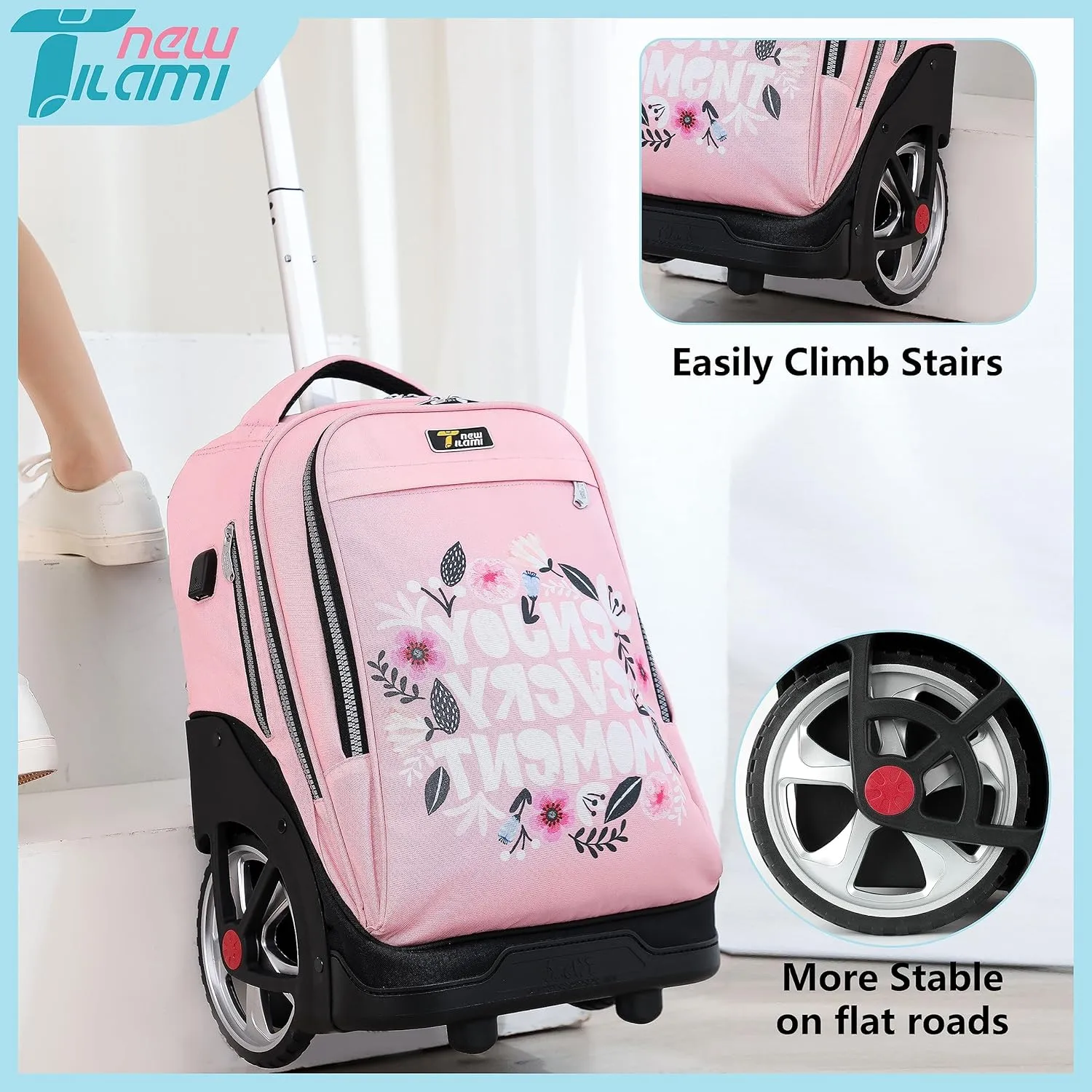 NEW TILAMI Rolling Backpack 19 inch Teens Rolling Backpack Cute Wheeled Computer Laptop Backpack Bookbag Roller Travel Bag College, Flower Pink