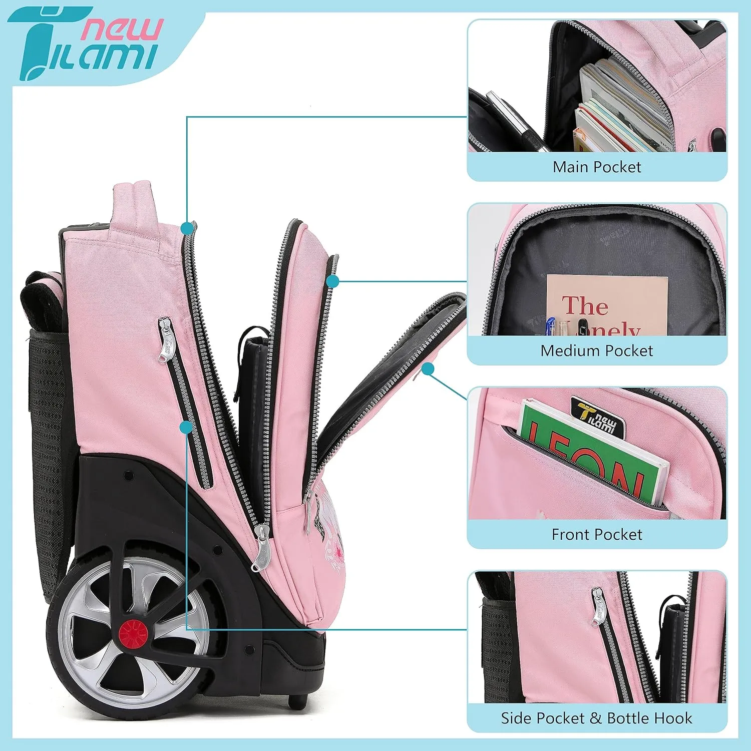 NEW TILAMI Rolling Backpack 19 inch Teens Rolling Backpack Cute Wheeled Computer Laptop Backpack Bookbag Roller Travel Bag College, Flower Pink