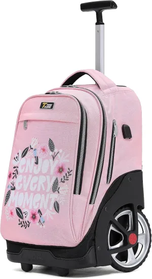 NEW TILAMI Rolling Backpack 19 inch Teens Rolling Backpack Cute Wheeled Computer Laptop Backpack Bookbag Roller Travel Bag College, Flower Pink
