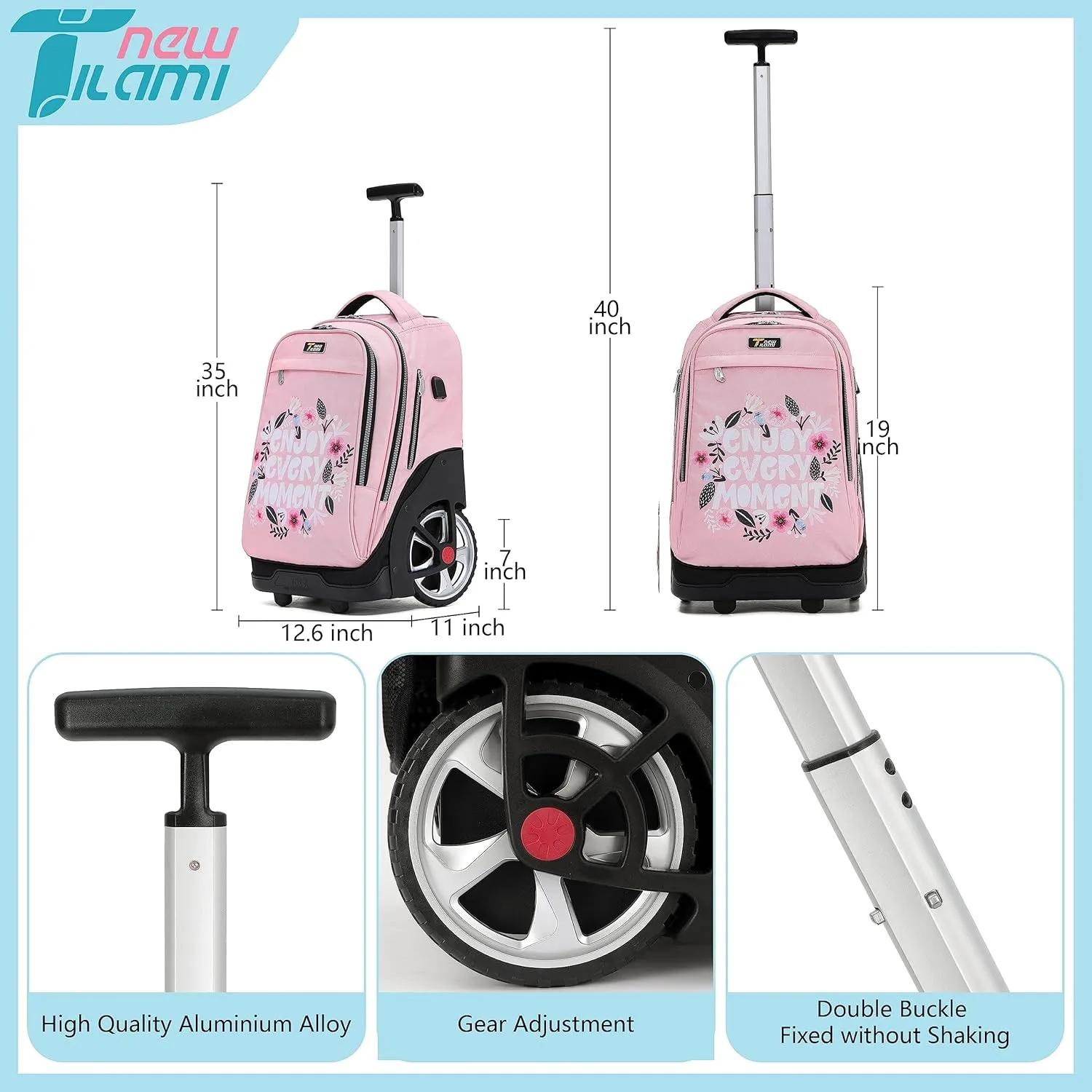 NEW TILAMI Rolling Backpack 19 inch Teens Rolling Backpack Cute Wheeled Computer Laptop Backpack Bookbag Roller Travel Bag College, Flower Pink