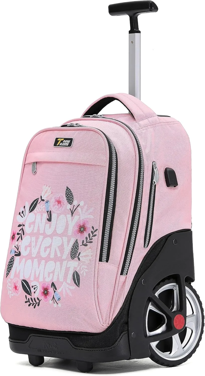 NEW TILAMI Rolling Backpack 19 inch Teens Rolling Backpack Cute Wheeled Computer Laptop Backpack Bookbag Roller Travel Bag College, Flower Pink