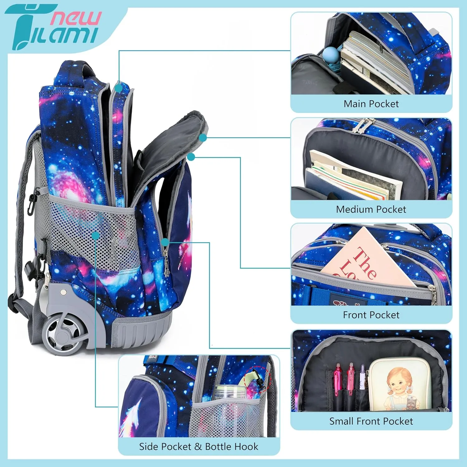 NEW TILAMI Rolling Backpack for Kids 18 Inch Wheeled Laptop Backpack Kids School Travel