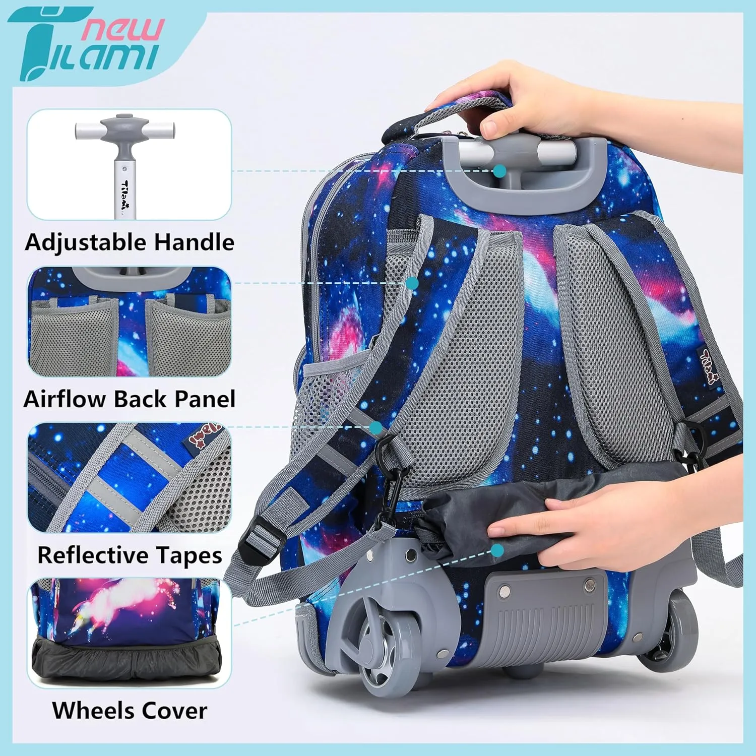 NEW TILAMI Rolling Backpack for Kids 18 Inch Wheeled Laptop Backpack Kids School Travel
