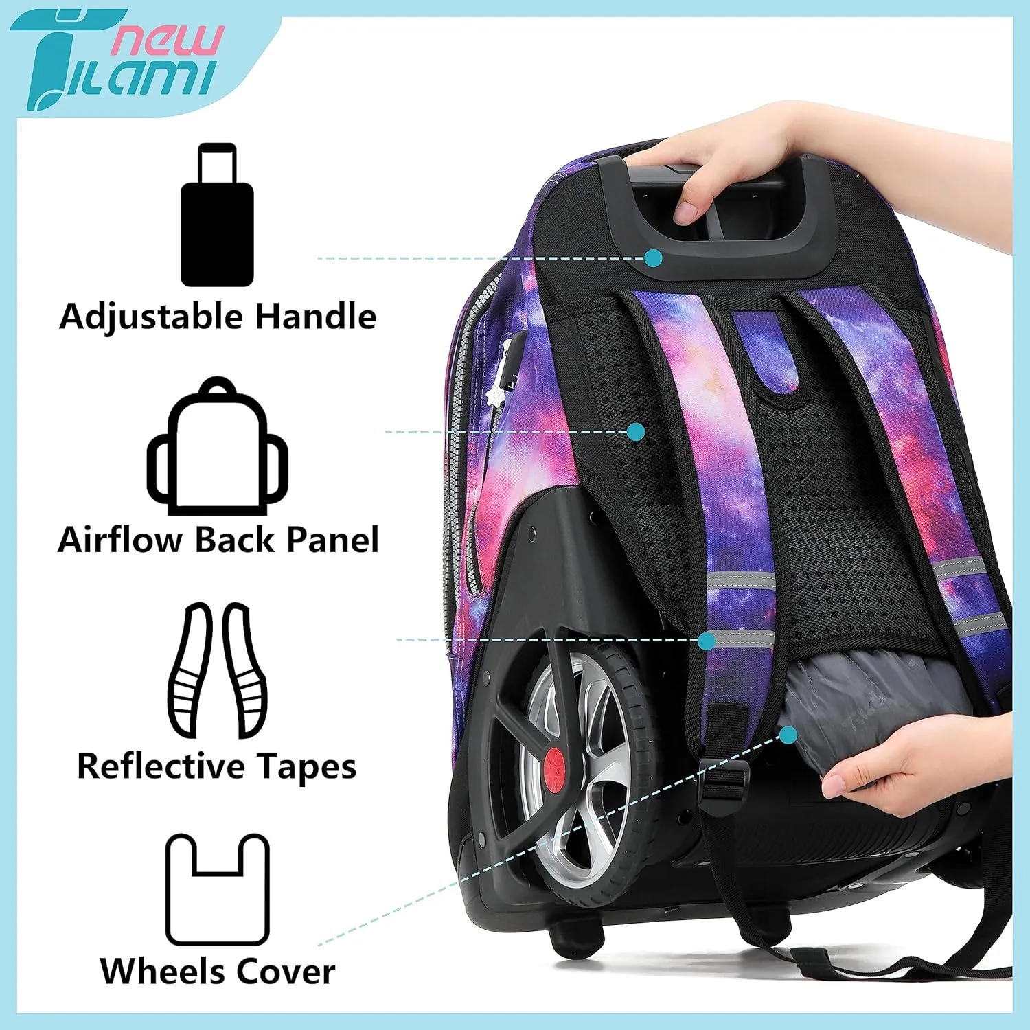 NEW TILAMI Wheeled Backpack 19 inch with Lunch Bag for Girls Boys Rolling Laptop Backpack School Travel Durable Stylish Carry-on Bag, Starry Purple