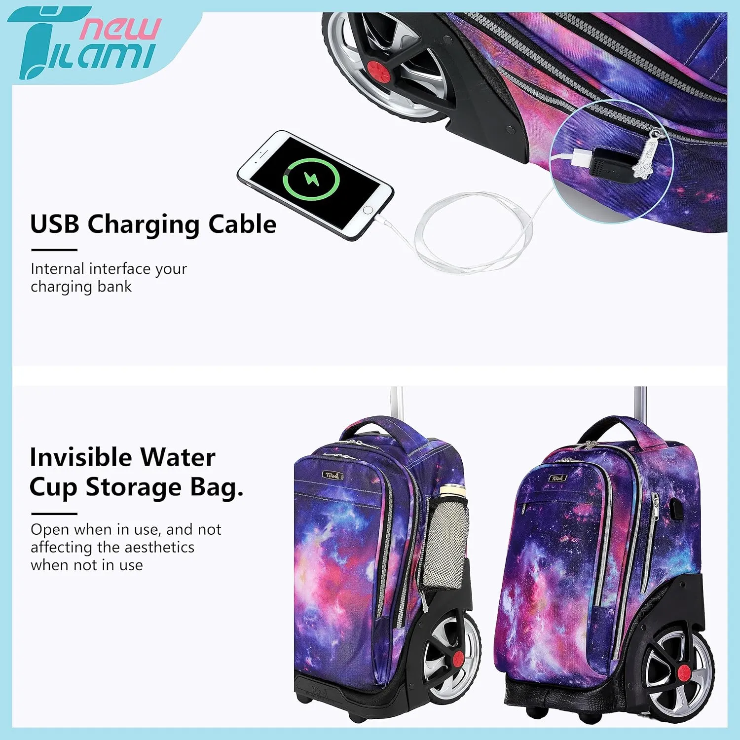NEW TILAMI Wheeled Backpack 19 inch with Lunch Bag for Girls Boys Rolling Laptop Backpack School Travel Durable Stylish Carry-on Bag, Starry Purple