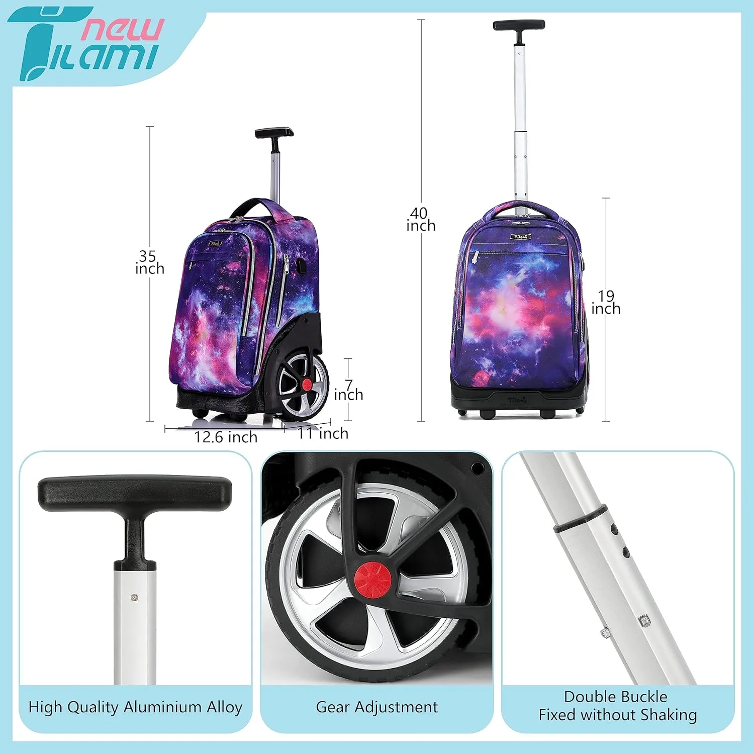 NEW TILAMI Wheeled Backpack 19 inch with Lunch Bag for Girls Boys Rolling Laptop Backpack School Travel Durable Stylish Carry-on Bag, Starry Purple