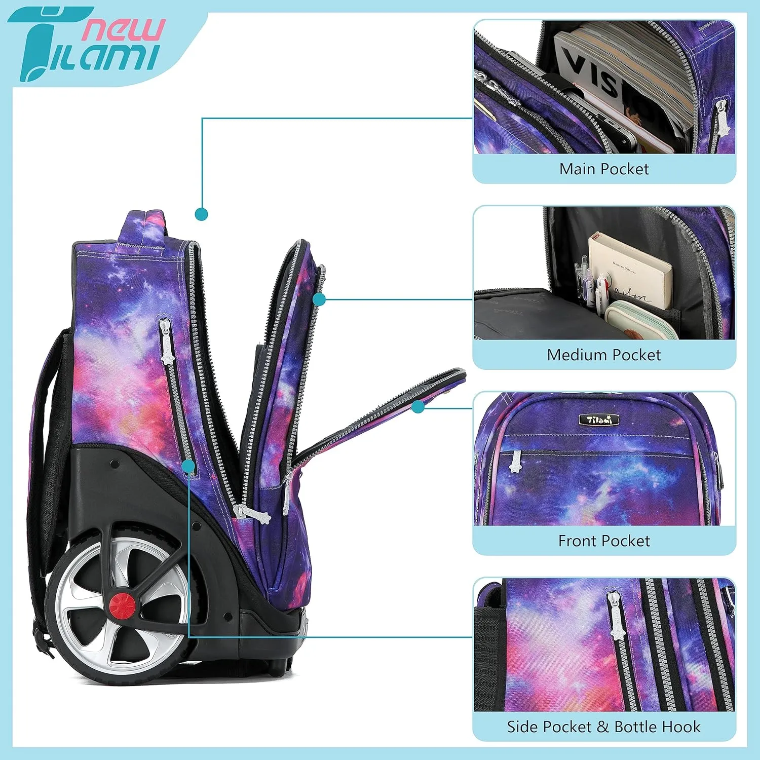 NEW TILAMI Wheeled Backpack 19 inch with Lunch Bag for Girls Boys Rolling Laptop Backpack School Travel Durable Stylish Carry-on Bag, Starry Purple